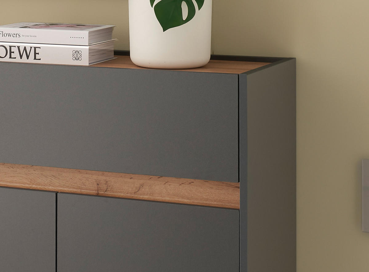 GARDEROBEN-SET 5-teilig grau matt, Eiche Wotan 265 cm, Flurmöbel mit viel Stauraum - Eiche Wotan/Schwarz, Glas/Holzwerkstoff (265/200/40cm) - Furn.Design