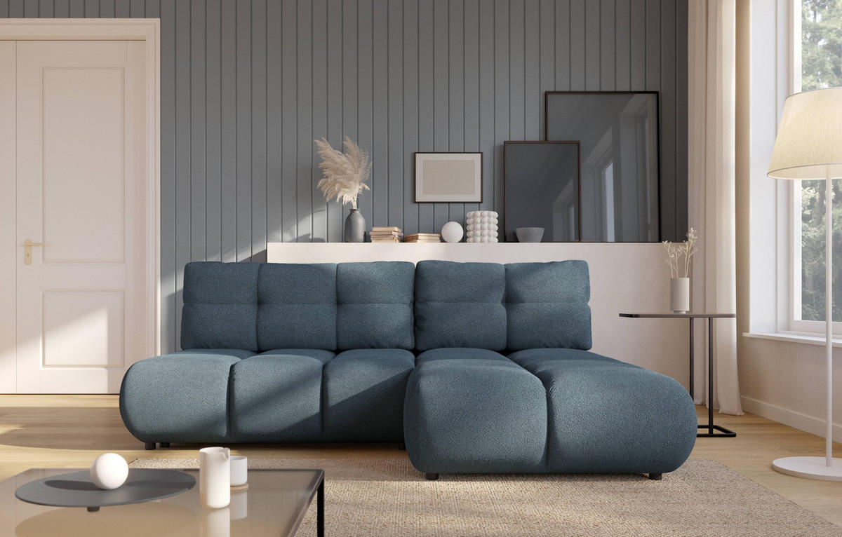 ECKSOFA CORSO R-S Blau Boucle-Stoff mit Schlaffunktion - Blau, Holz (230/177cm) - MASSENO