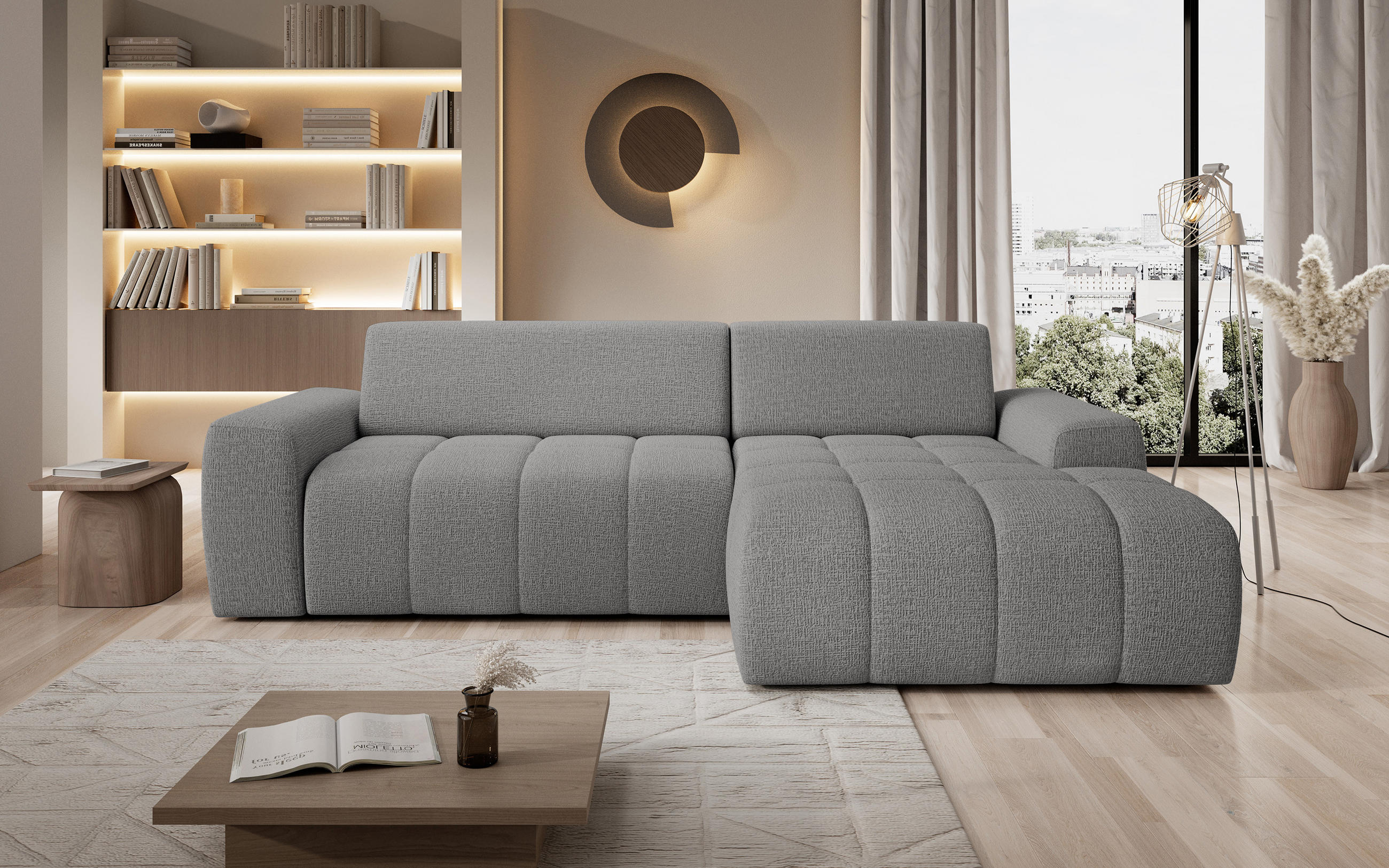 ECKSOFA Savio Freistehend, mit Abriebfestem Kansas-Stoff, Maße 265x172x81 cm, Ausziehbare Sitzfläche 206x92 cm, Rechte, – Hellgrau - Hellgrau, Holz/Textil (265/172cm) - DomoHome
