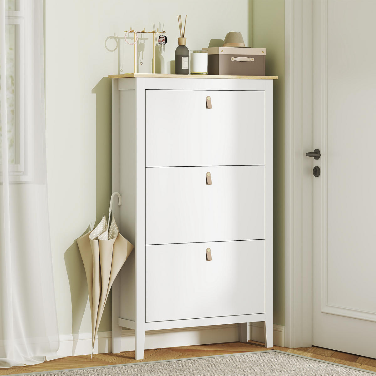 SCHUHSCHRANK,3 Klappschubladen herausnehmbare Böden für 21 Paar,weiß - Weiß, Holzwerkstoff (80/131/24cm) - Vallsero