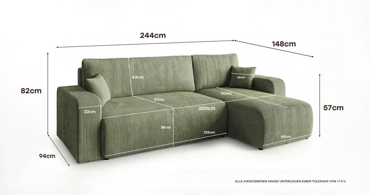 ROHOVÁ pohovka PARIS levá světle zelená manšestr Poso 47 - funkce spaní, úložný prostor - světle zelená, textil (255/150cm) - Cornero