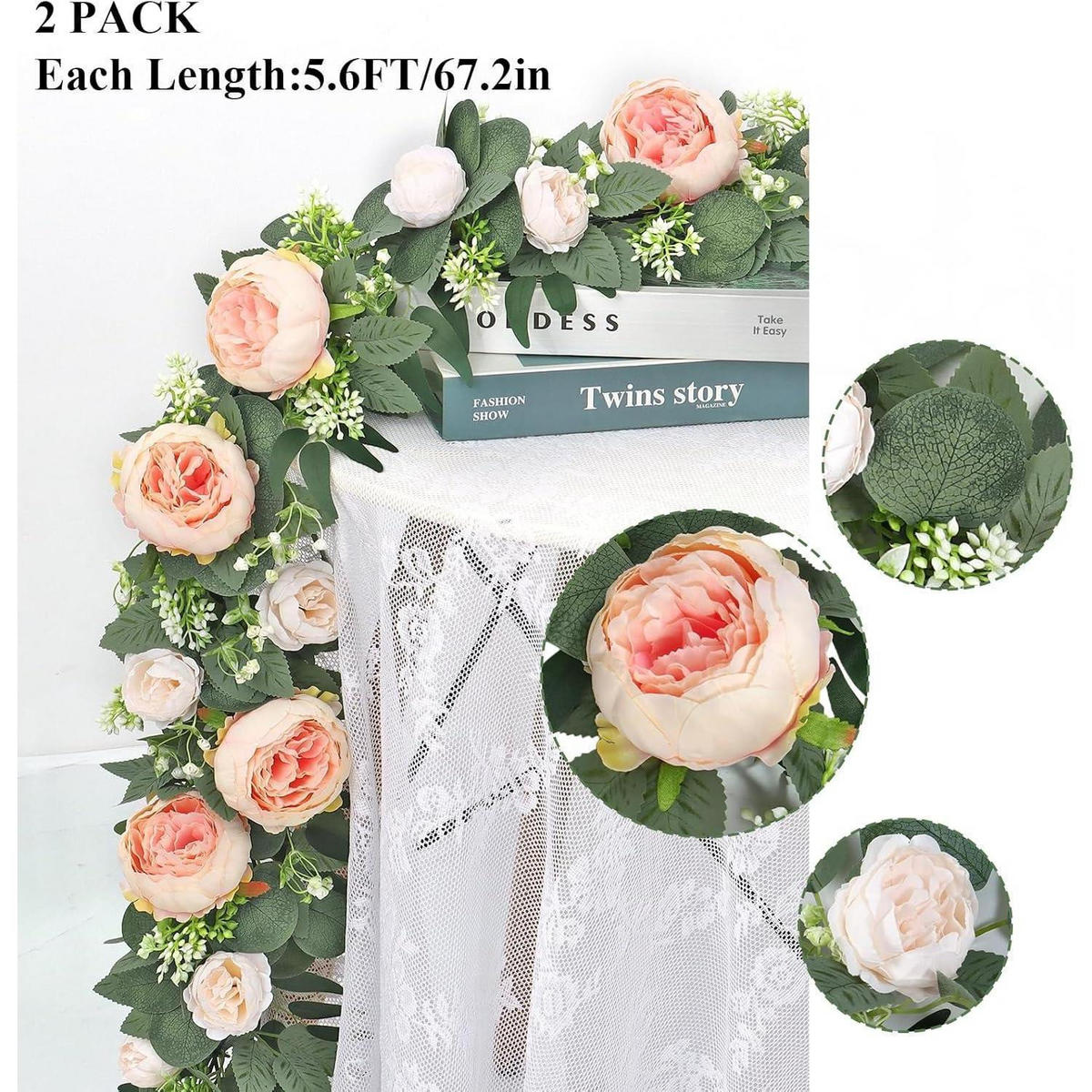 KÜNSTLICHE Blumengirlande 4-teiliges Set Rose Eukalyptus 170 cm Champagnerrosa - Multicolor, Kunststoff (10cm)