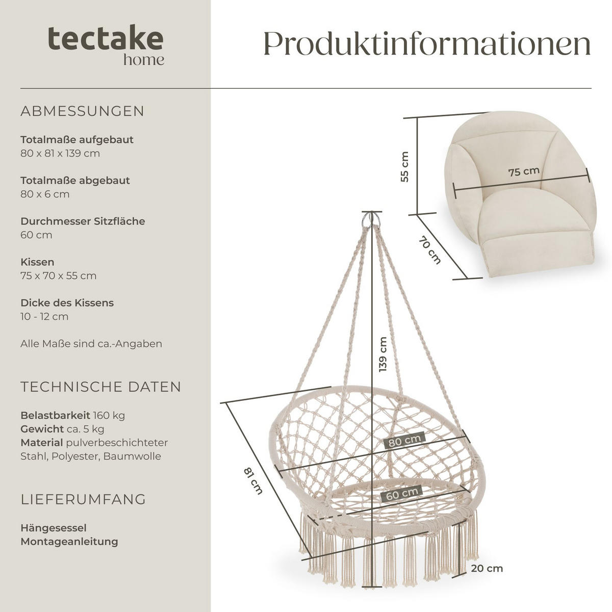 HÄNGESESSEL Samira, 80 x 81 x 139 cm, beige - Beige, Kunststoff (80/139/81cm) - tectake