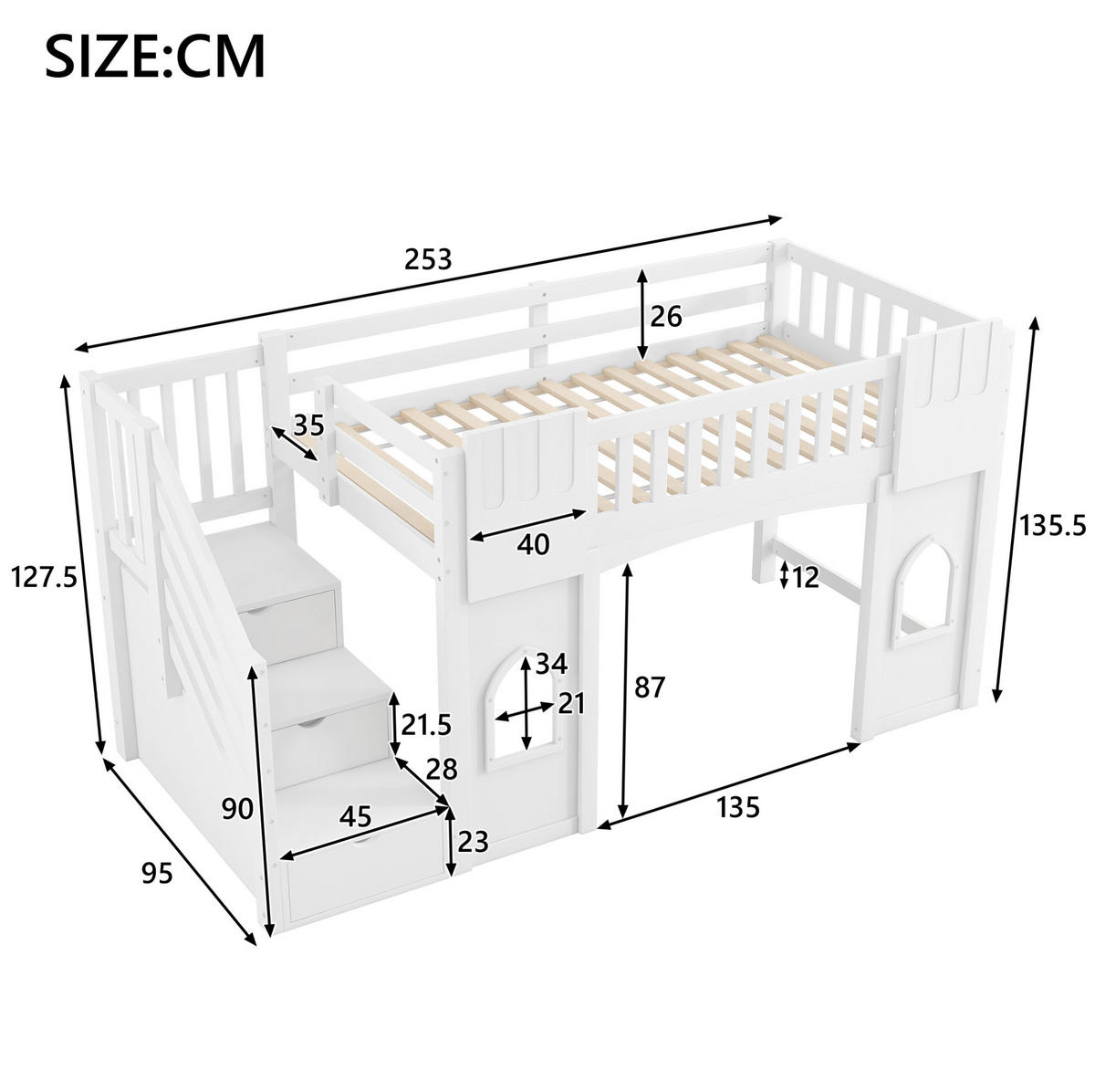 HOCHBETT 90/200 cm, Weiß mit Stauraumtreppe und Fenstern - Weiß, Holz (90/200cm) - MIVRAY