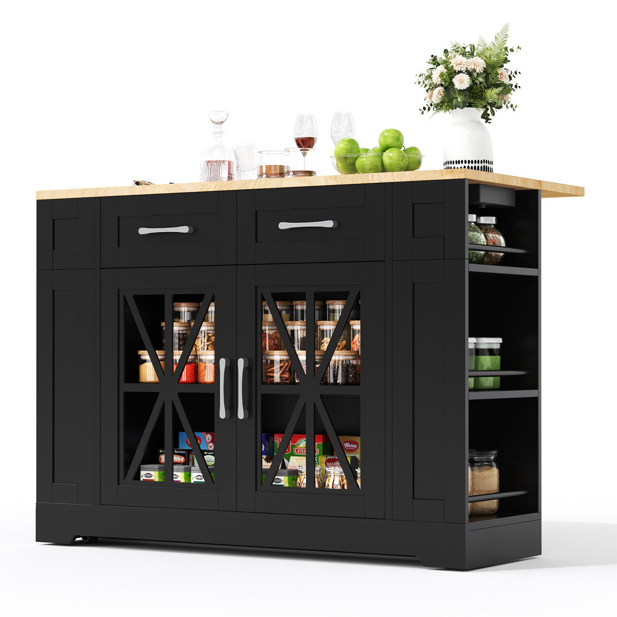 KÜCHENINSEL 120 cm klappbar mit USB, Glastür und Rollen - Schwarz, Holzwerkstoff (120/92/65cm)