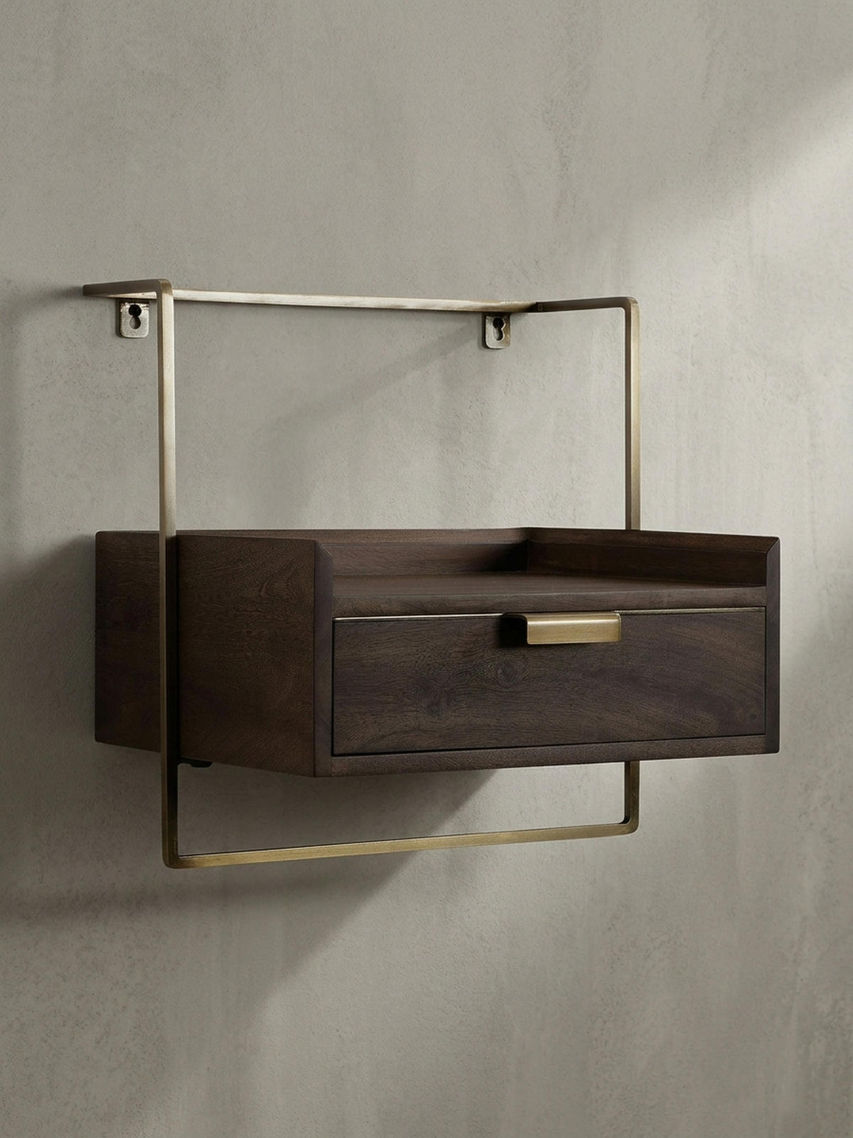 NACHTTISCH Mango Massivholz Wandmontage Schublade Boxspringbett, Braun 44x35x45 cm - Goldfarben/Braun, Holz/Metall (44/45/35cm) - KADIMA DESIGN