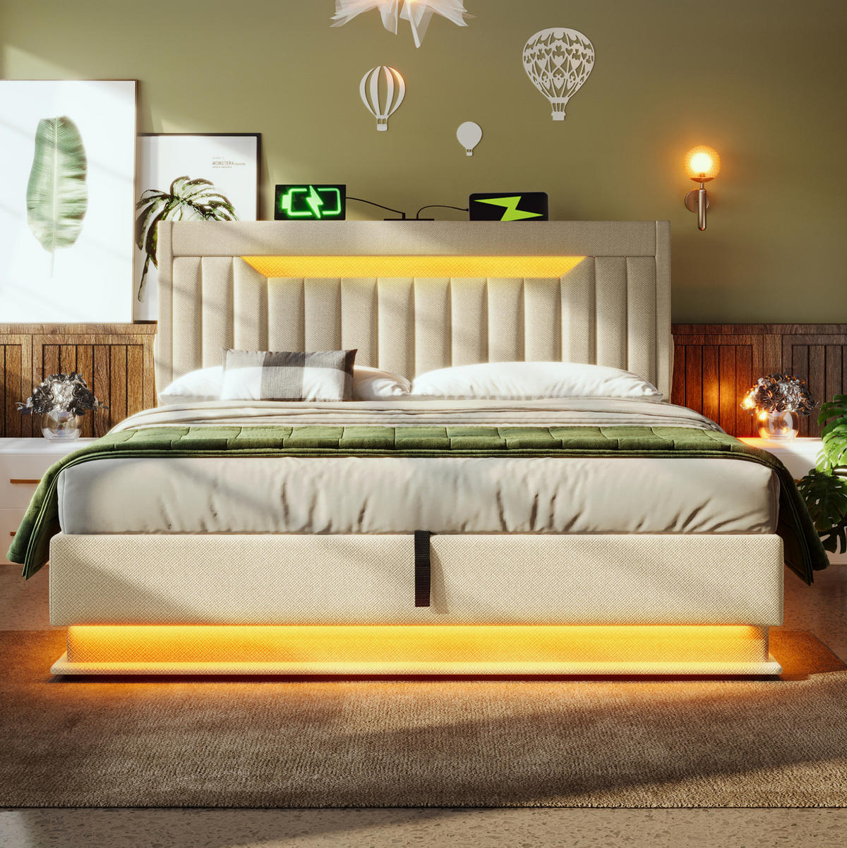 BETT mit Stauraum und LED 160x200 cm Leinen Beige - Beige, Metall (160/200cm) - Meubliv