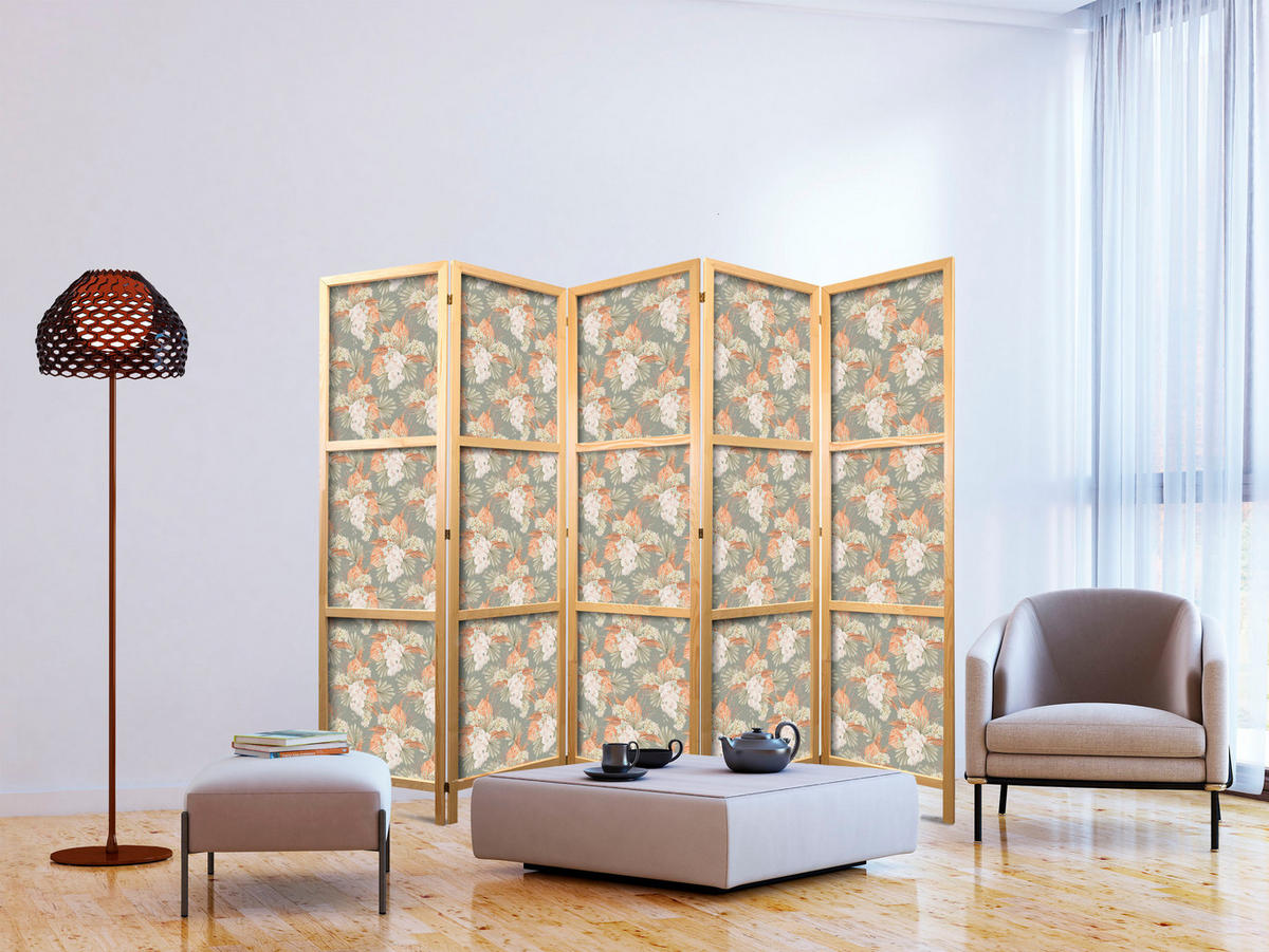 PARAVENT Japanischer 5-tlg 225x172 cm Tropische Blumen - Multicolor, Holz/Textil (225/172/3cm) - Muralo
