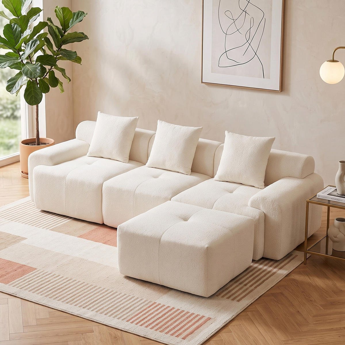 ROHOVÁ POHOVKA modulární pohovka béžová ve tvaru L s taburetem a paměťovou pěnou - béžová, textil (97/100cm) - Urban Meuble