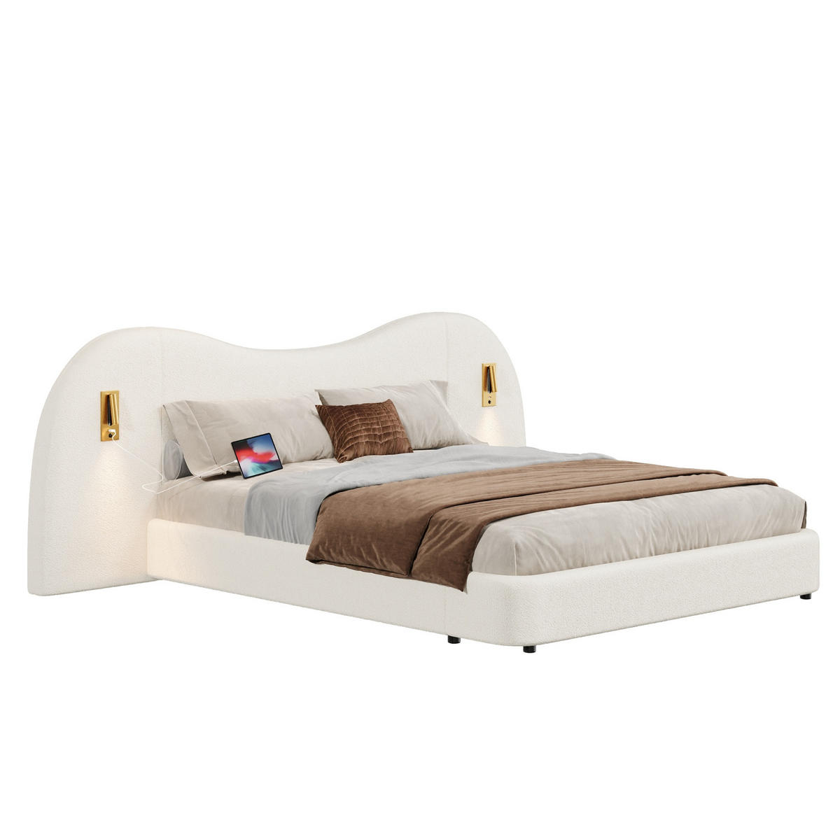 POLSTERBETT 180/200 cm mit Bettkasten, USB-Anschluss und Leselampen in Weiß - Weiß, Textil (180/200cm) - BEAOK