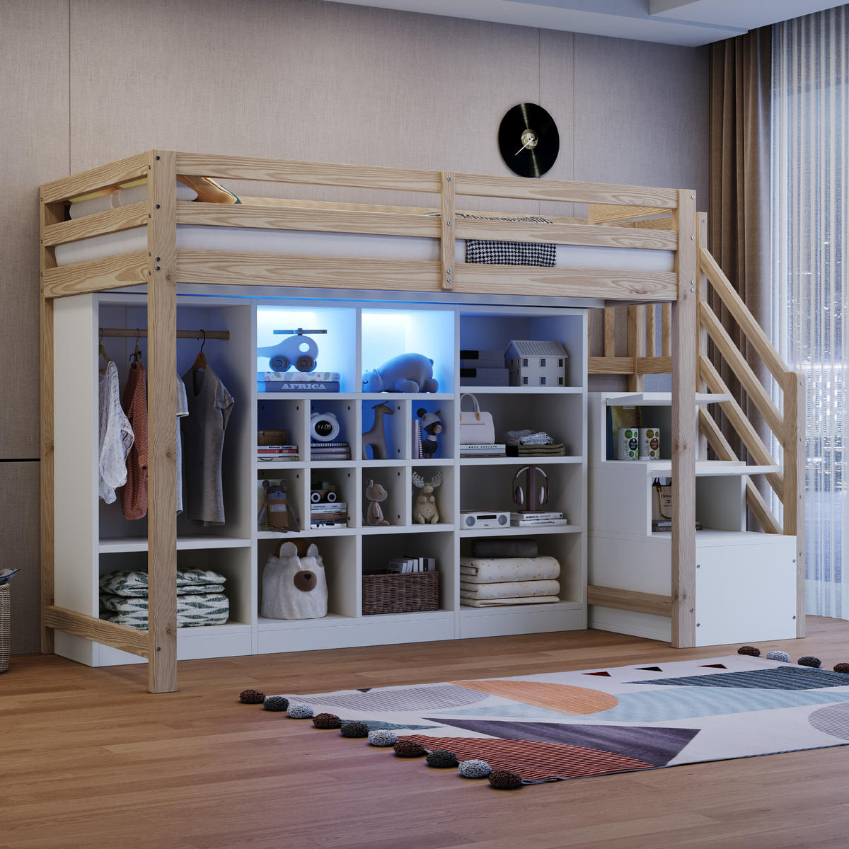 HOCHBETT 90/200 cm in Weiß & Natur mit Stauraum, Kleiderschrank und LED Holz Design - Weiß/Naturfarben, Holzwerkstoff (90/200cm) - STILVORA