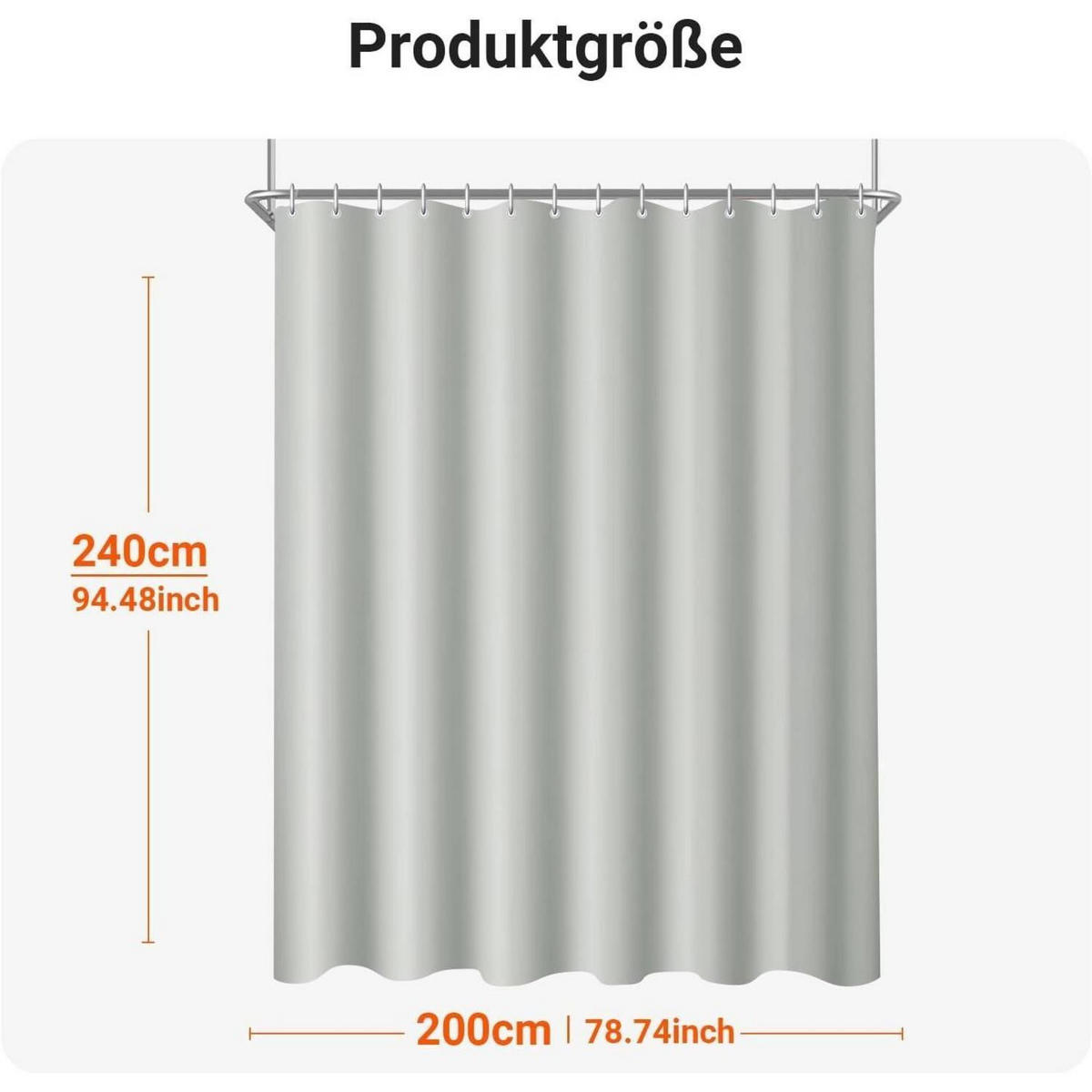 DUSCHVORHANG Grau 200 x 240 cm Wasserabweisend Beschwerter Saum Waschbar Polyester - Grau, Textil (200/240cm)