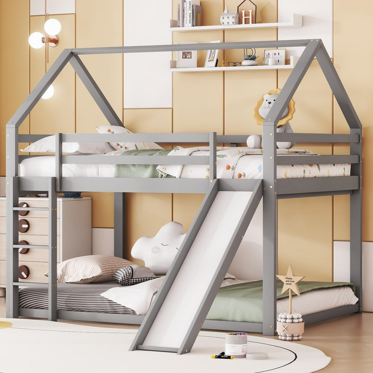 ETAGENBETT 140/200 cm mit Rutsche, Leiter und Hausdesign aus Kiefer , Grau - Grau, Holzwerkstoff (140/200cm) - Redom