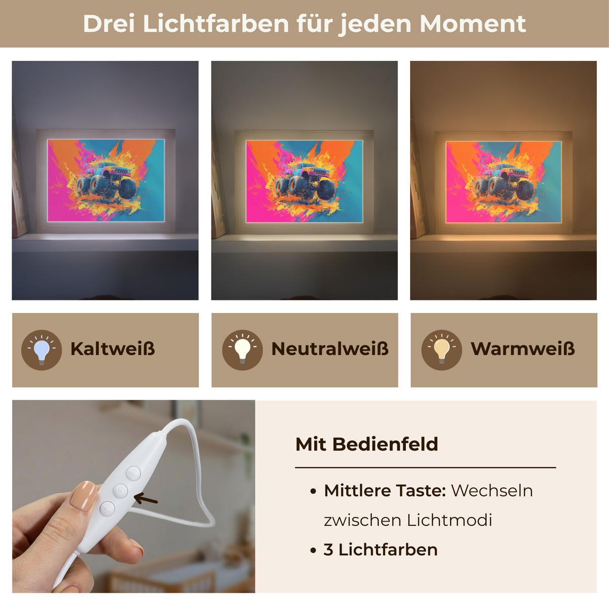 NACHTTISCHLAMPE Monstertruck - Abstrakt - Farbspritzer - Farbenfroh 20x15 cm - Pink, Holzwerkstoff (8/20/15cm)