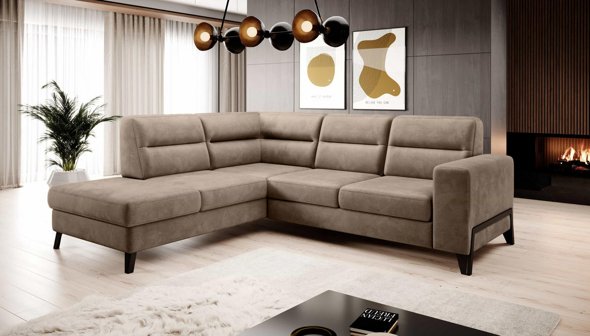 ECKSOFA mit Schlaffunktion & Bettkasten, luxus Nube-Stoff - Hellbraun/Schwarz, Textil/Metall (277/237cm) - Eltap