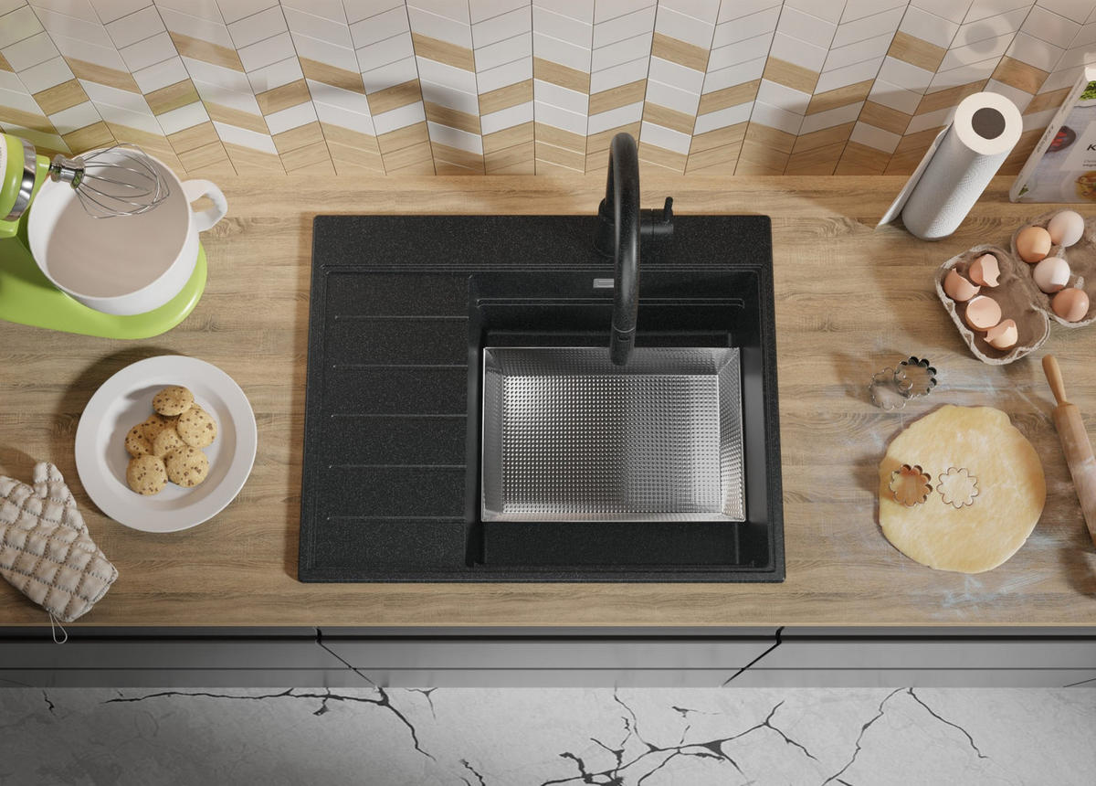 SPÜLBECKEN Sydney, 2-er set Anthrazit 62/50 cm 1 Becken + Ablauf-Set + Küchenzubehörset ab 45er Unterschrank - Chromfarben/Anthrazit, Kunststoff (62/20/50cm) - Primagran