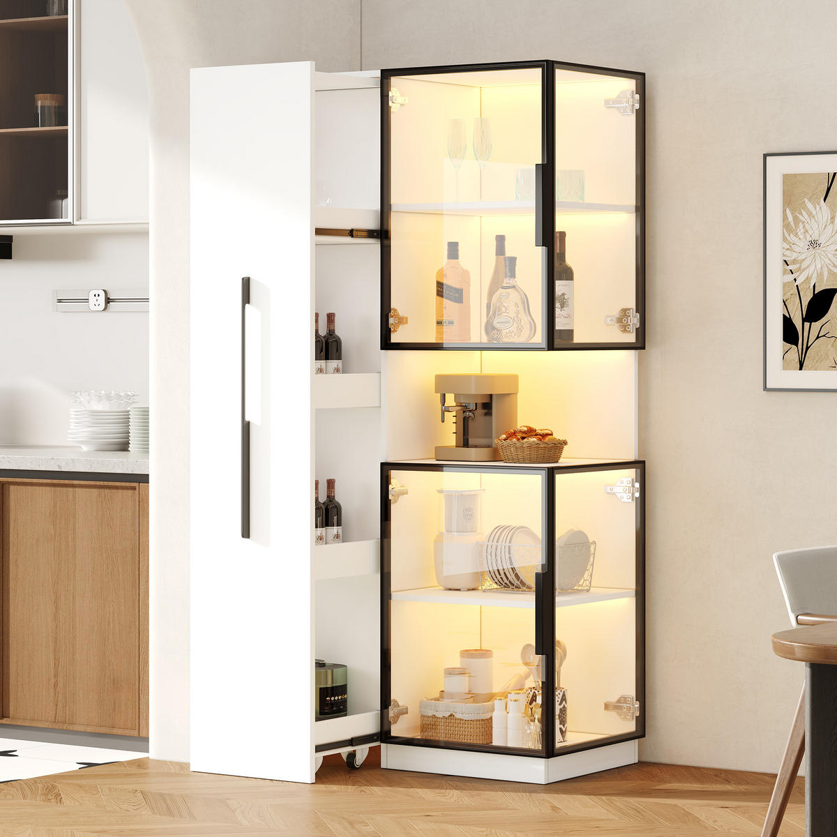 VITRINE LED Glasvitrine Ausziehregal Doppelglas 160cm - Weiß, Glas (70/160/38cm) - FLIEKS
