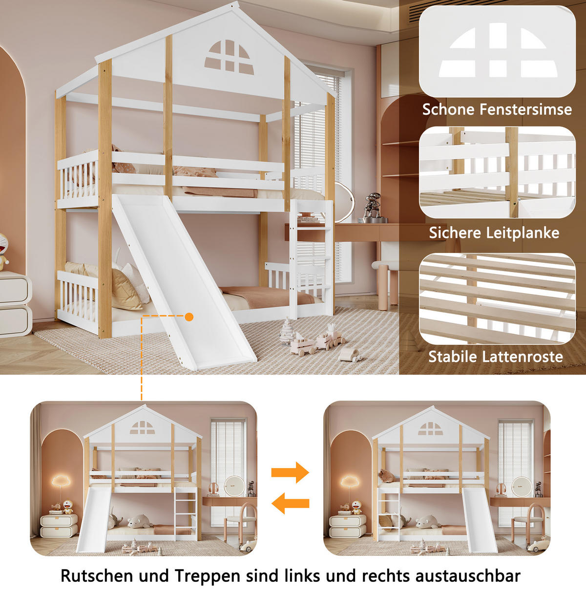 ETAGENBETT aus Kiefernholz und MDF 90x200 cm Weiß/Natur mit Rutsche und Treppe - Weiß, Holzwerkstoff (90/200cm) - IVMEU