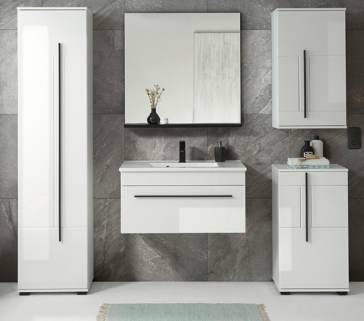 BADMÖBEL-SET weiß Hochglanz schwarz, Badkombination MIT Waschbecken, 190 x 200 cm - Weiß Hochglanz/Schwarz, Holzwerkstoff/Kunststoff (190/200/45cm) - Furn.Design