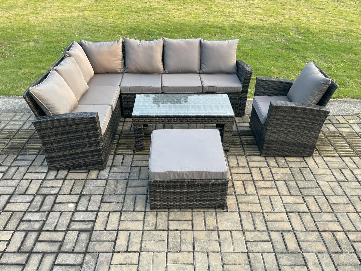BALKONMÖBEL-SETS mit Ecksofa,Länglicher Couchtisch,Hocker Polyrattan Dunkelgrau 8-Sitzer - Dunkelgrau/Grau, Glas/Kunststoff - Fimous