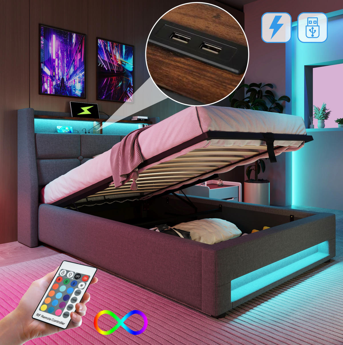POLSTERBETT 90/200 cm mit LED-Beleuchtung, 2 USB-Anschlüssen und Bettkasten, Leinenstoff Grau - Grau, Textil (90/200cm) - Redom