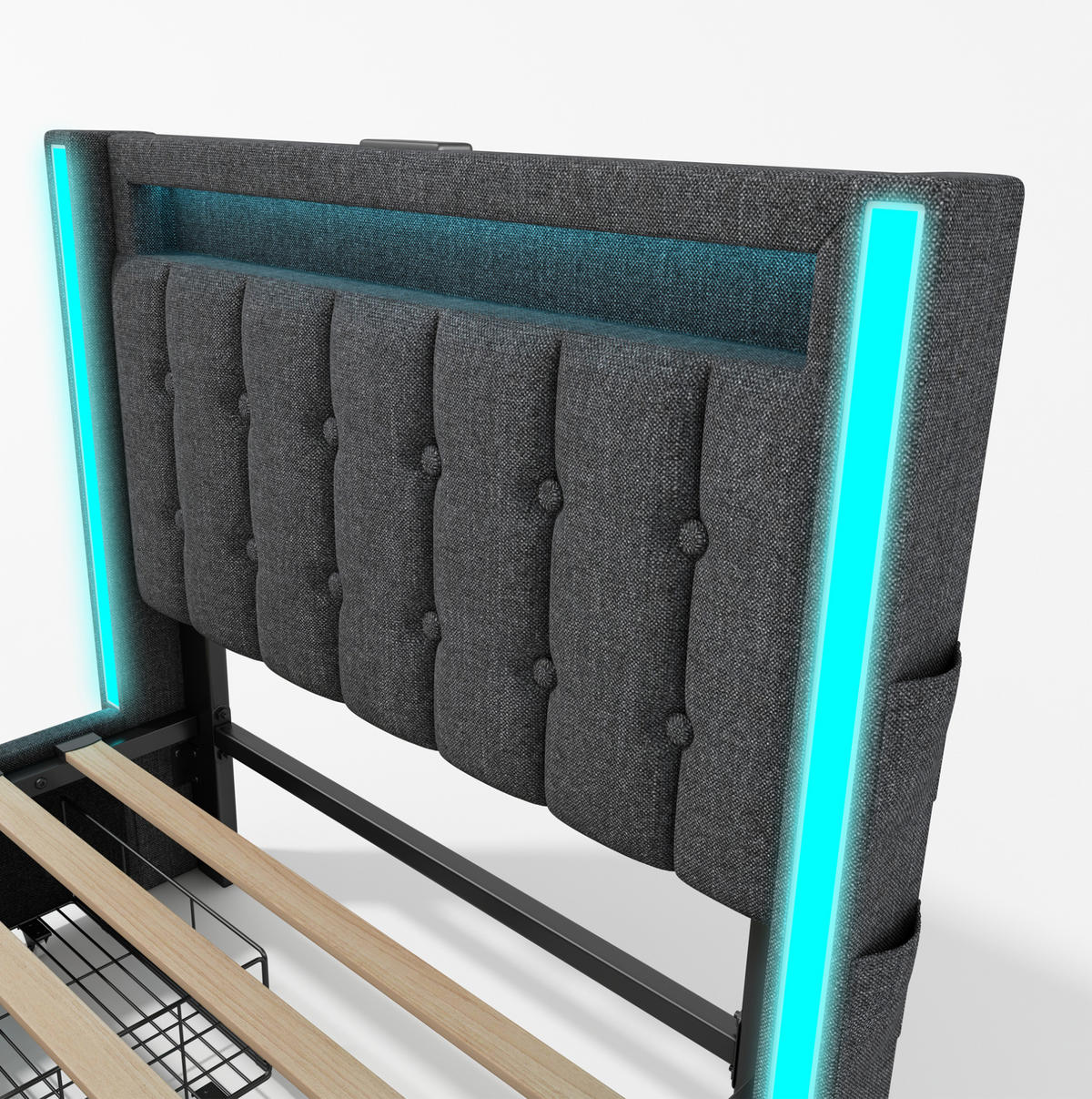 POLSTERBETT aus Leinen 90x200 cm in Grau mit LED-Beleuchtung & Matratze - Grau, Textil (90/200cm) - Modfu