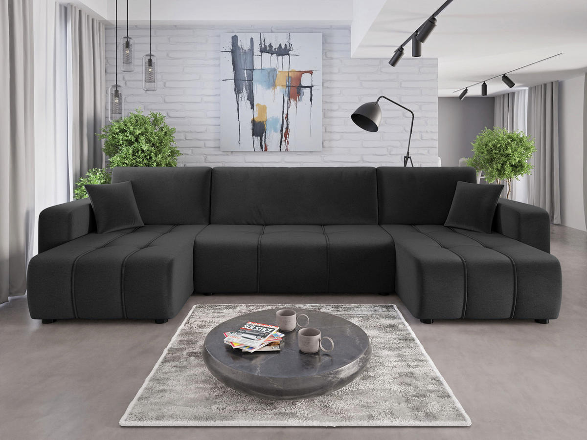 WOHNLANDSCHAFT Aice U-Form 317 cm – mit Schlaffunktion, Bettkasten, Kissen & bequemer Wellenfederung - Anthrazit, Kunststoff (317/85/146cm) - Wohnideebilder