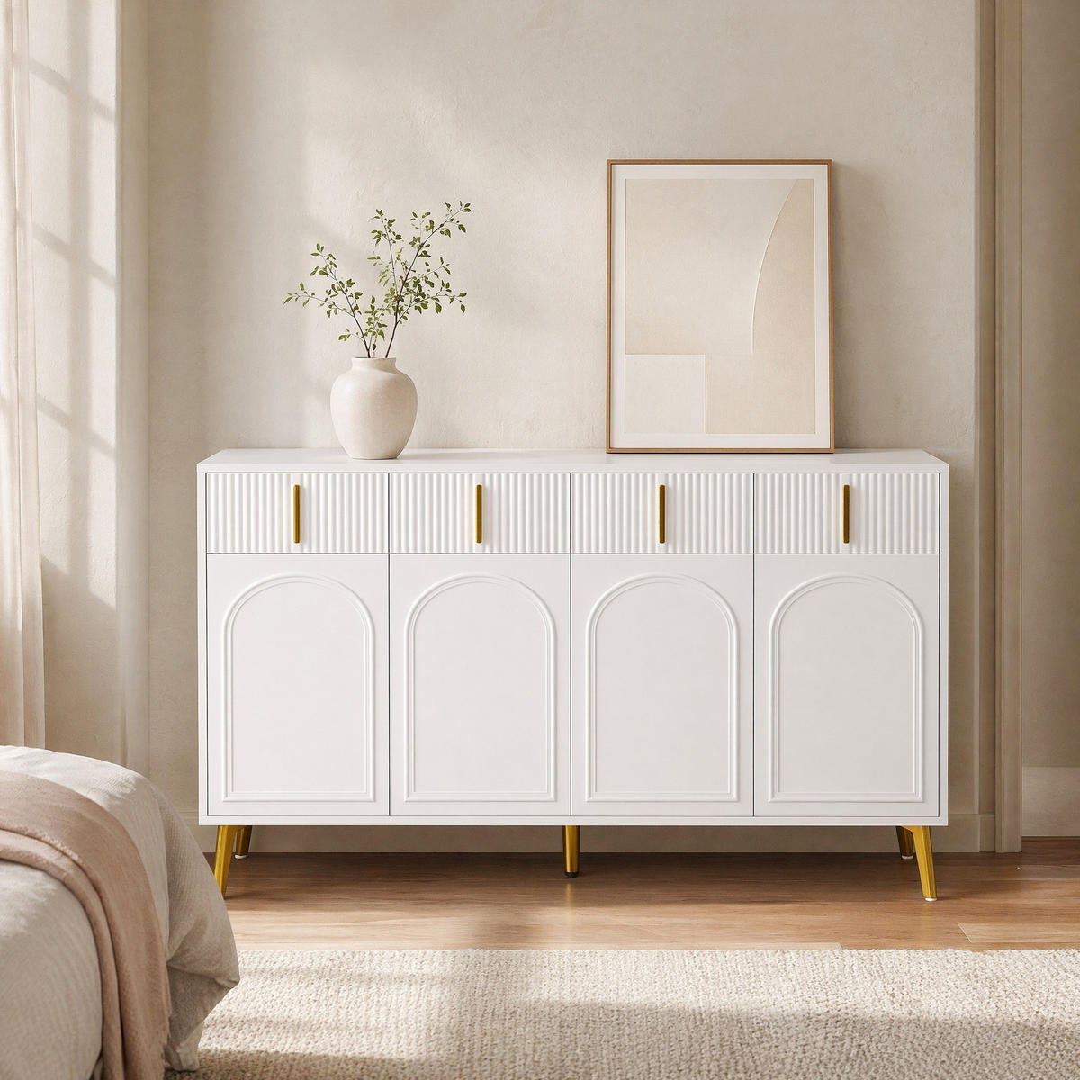 KUCHYŇSKÁ SKŘÍŇ bílá, dvířka, zásuvky, do obývacího pokoje a ložnice, 140×38×82 cm - bílá/zlatá, kov/kompozitní dřevo (140/82/38cm) - STILVORA