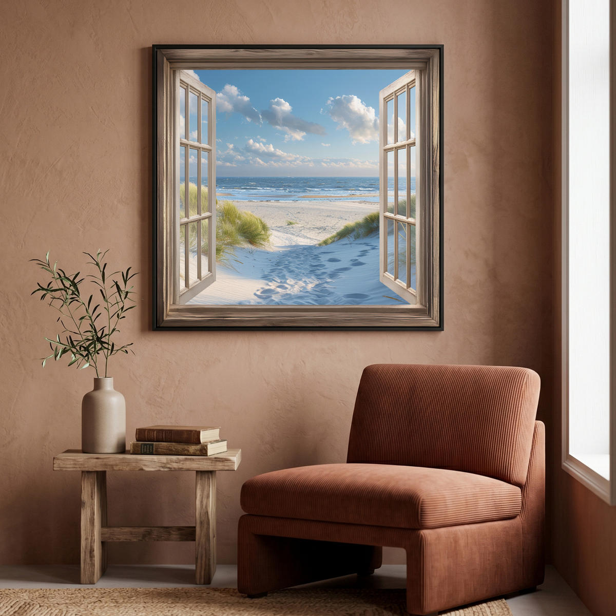 LEINWAND Bilder mit Rahmen - Aussicht - Strand - Fenster - Dünen - Meer - 90x90 - Hellblau, Textil (90/90cm) - MuchoWow