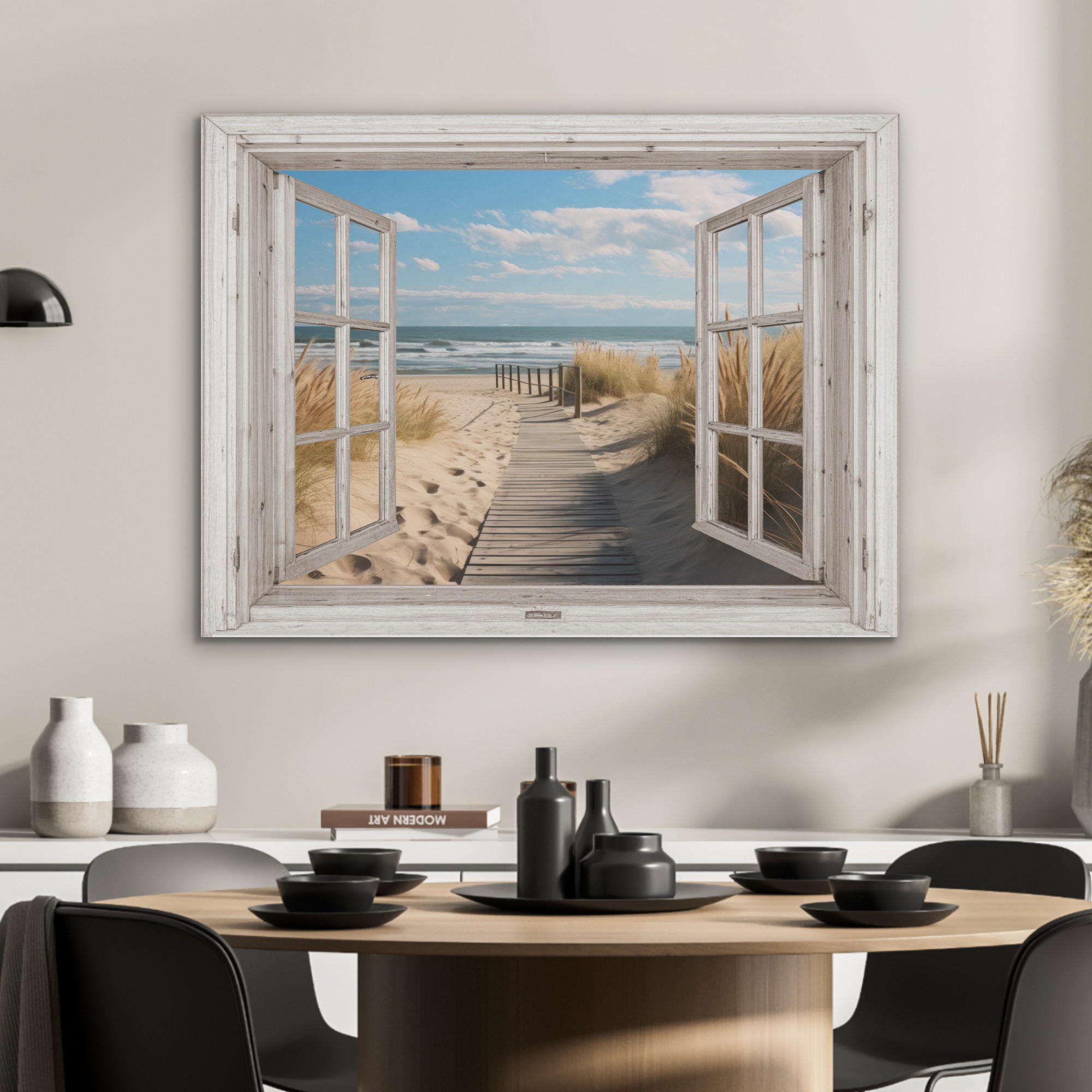 AKUSTIKPANEEL Fenster - Meer - Küste - Natur - Ausblick - Strand - Wattenmeer 80x60 cm - Beige, Textil (80/0.9/60cm) - MuchoWow