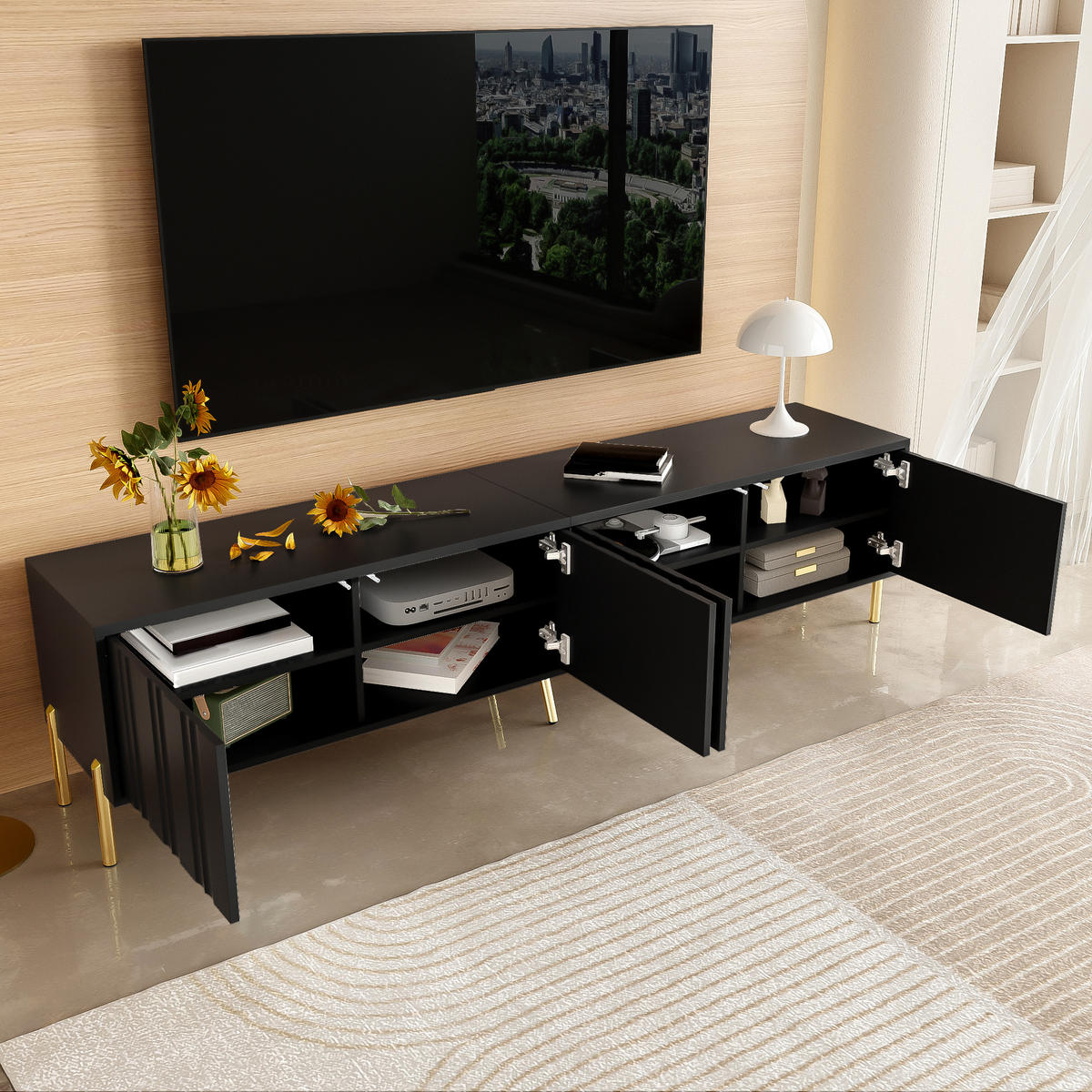 TV-ELEMENTSCHWARZ 190x38x48cm Fernsehschrank Gerillte Türen Goldene Beine - Schwarz, Holz (44.5/17.98/108cm) - Raelunyi