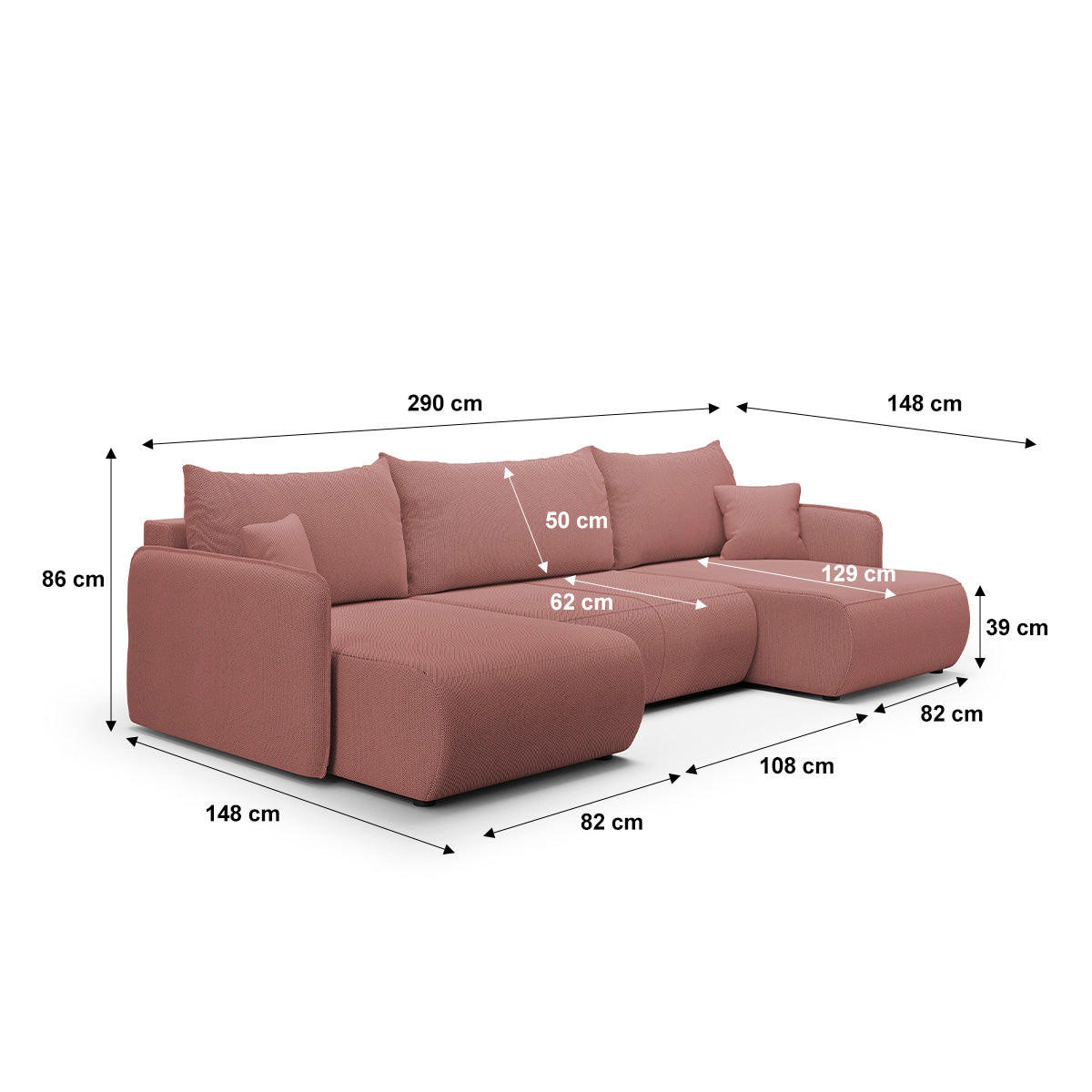 PANORAMSKA SOFA Claudio 5 mjesta za sjedenje Ružičasta - ružičasta, drvo (290/86/148cm) - Petits-meubles