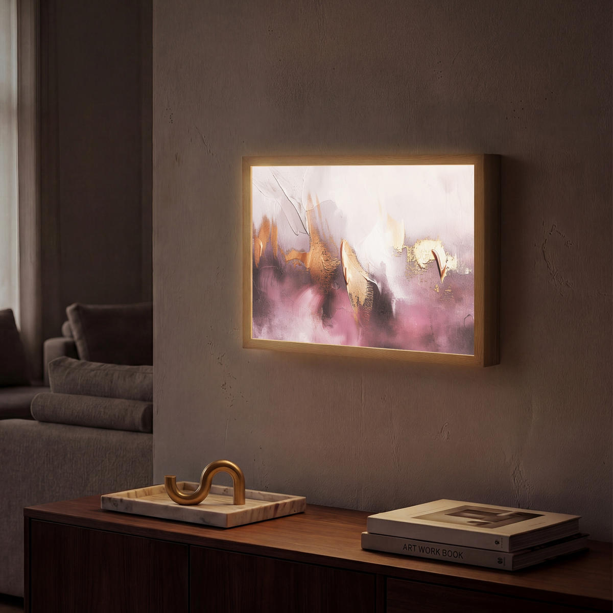 NÁSTĚNNÁ LAMPA S AKUMULÁTOREM Fialová - abstraktní - barva - zlatá 40x30 cm - světle fialová, kompozitní dřevo (40/30/8cm) - OnlyWow