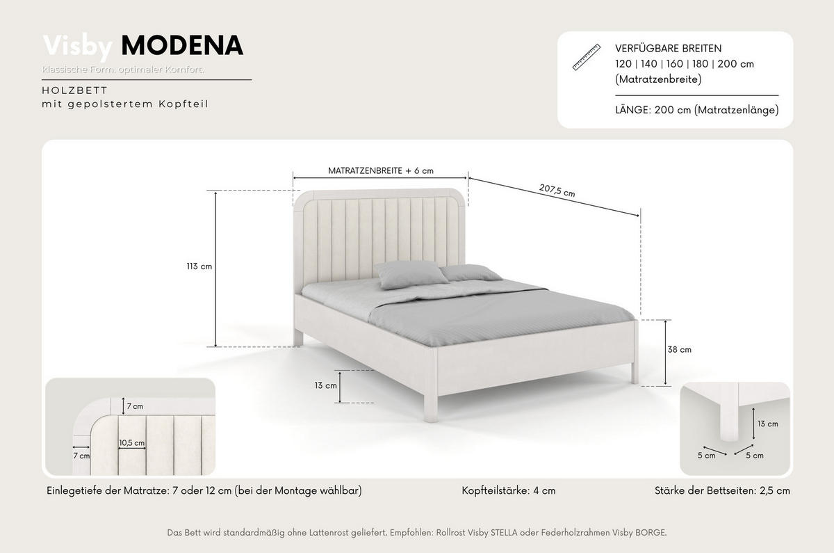 MASSIVHOLZBETT Modena, gepolstertes Kopfteil, Buche - lackiert, Naturfarben/Ecru, 140x200 - Ecru/Buchefarben, Holz/Buchenholz (140/200cm) - Visby