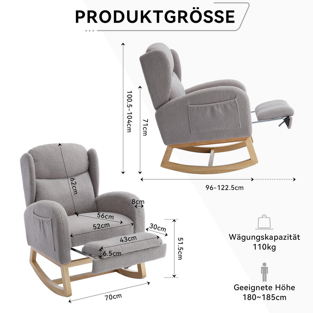 SCHAUKELSTUHL Teddy-Stoff mit Fußstütze und Seitentaschen 122.5/70/104 cm Grau - Grau, Textil (70/104/122.5cm) - Redom