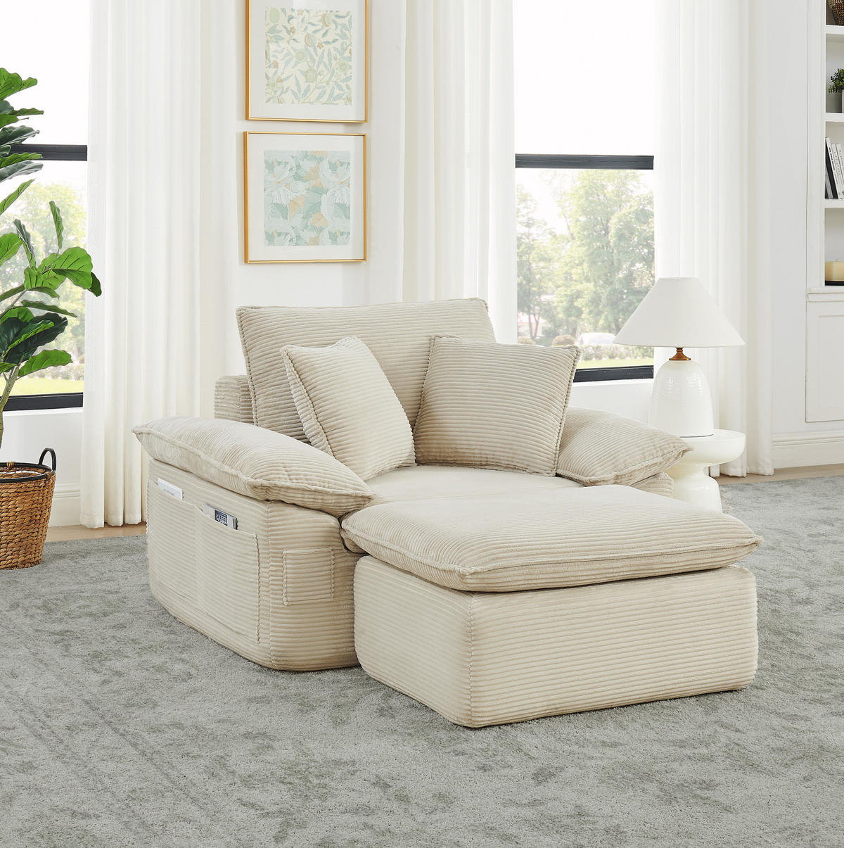 SESSEL aus Stoff Beige ohne Montage mit Fußstütze, Seitentaschen und modularer Kombination - Beige, Textil (156/65/125cm) - Modfu