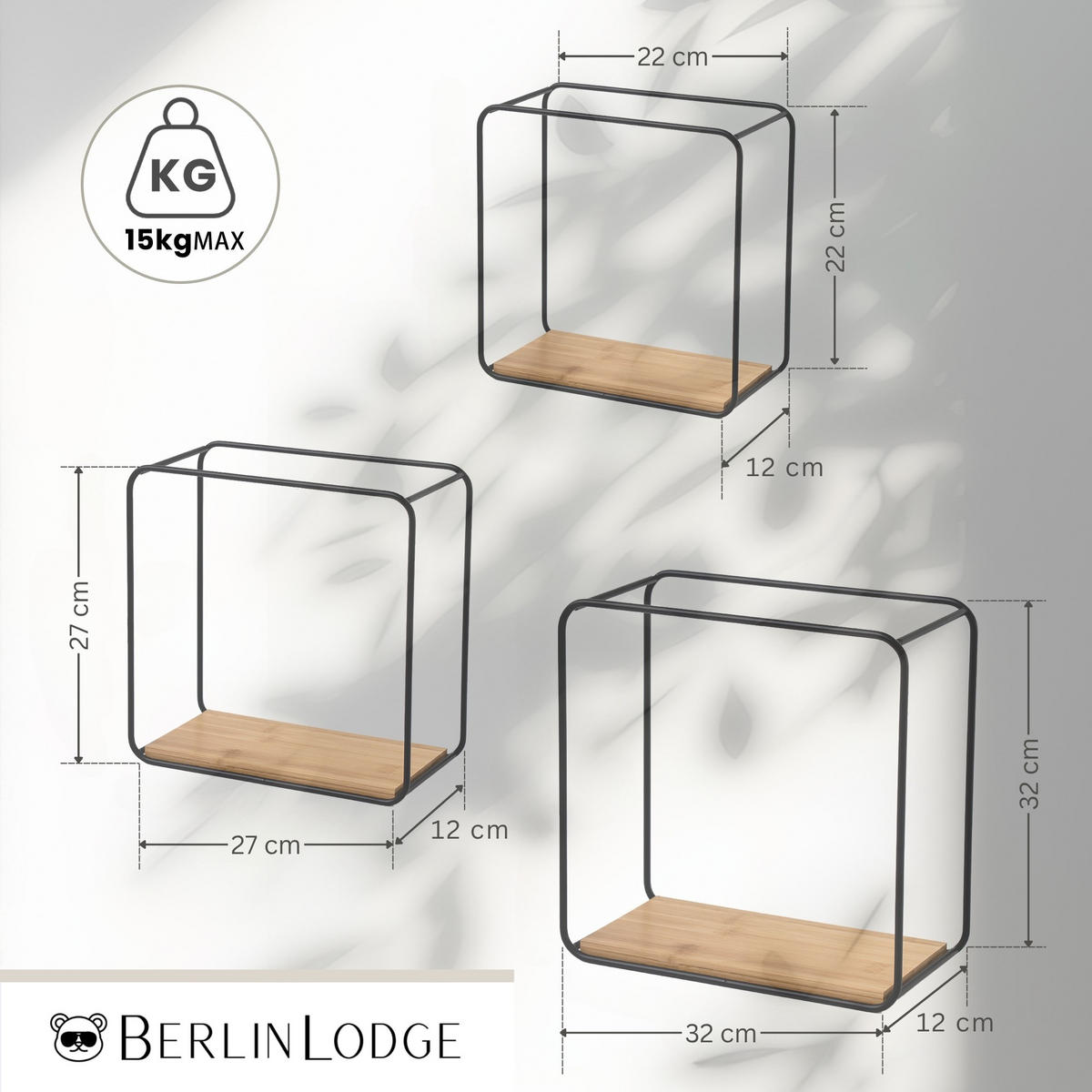 WANDREGAL 3er Set aus Bambus Wanddeko und Ablage - Naturfarben, Holz/Metall (32/32/12cm) - BERLINLODGE