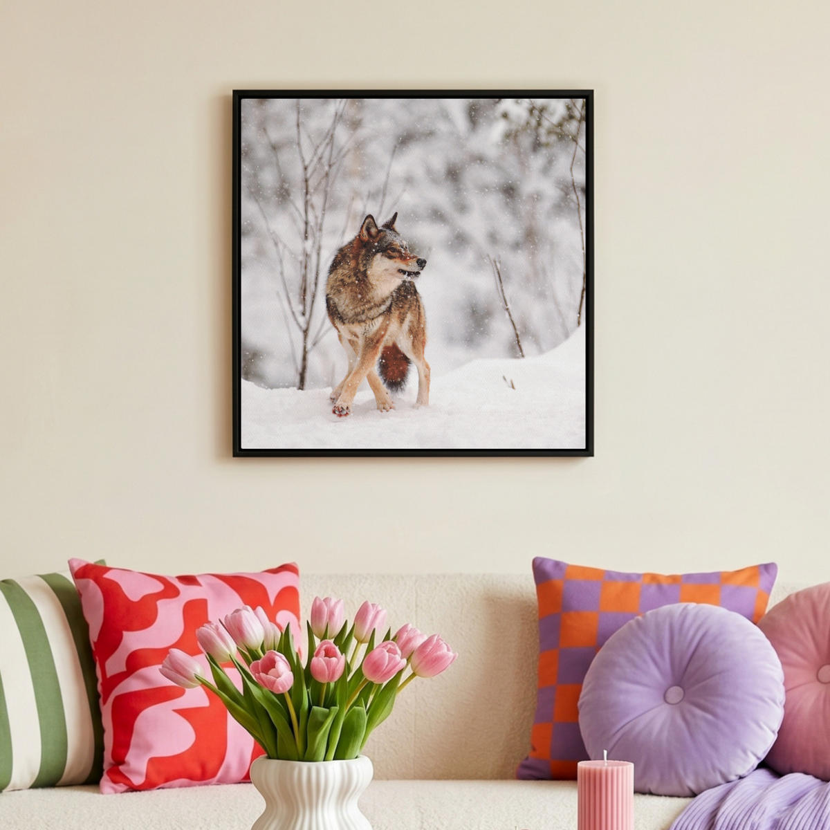 LEINWAND Bilder mit Rahmen - Wolf - Winter - Schnee - Natur - Tiere - 50x50 - Haselnussfarben, Textil (50/50cm) - MuchoWow