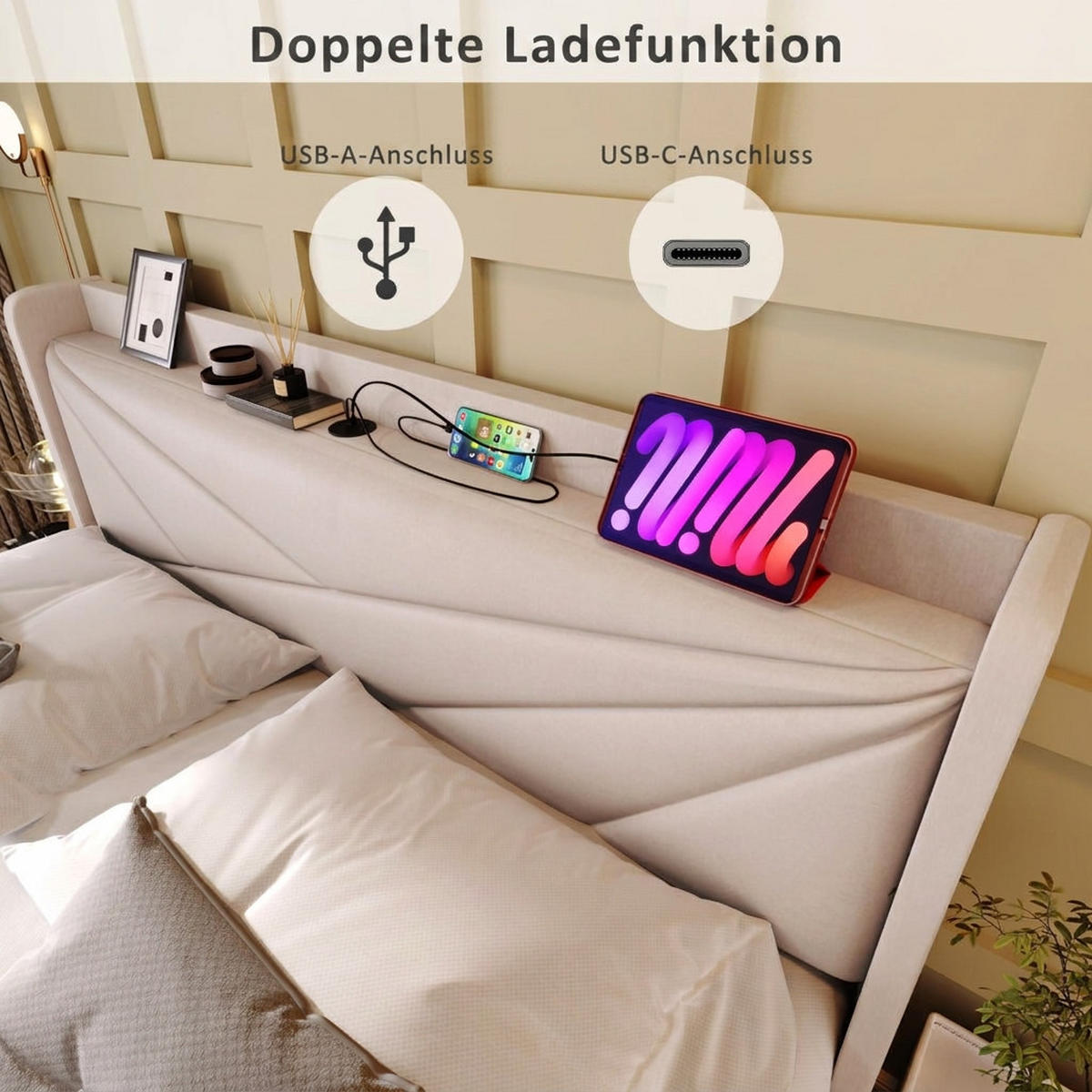POLSTERBETT 140/200 cm Beige mit USB Typ C Ladefunktion und Stauraumbetten (Ohne Matratze) - Beige, Textil (140/200cm) - Oxeza