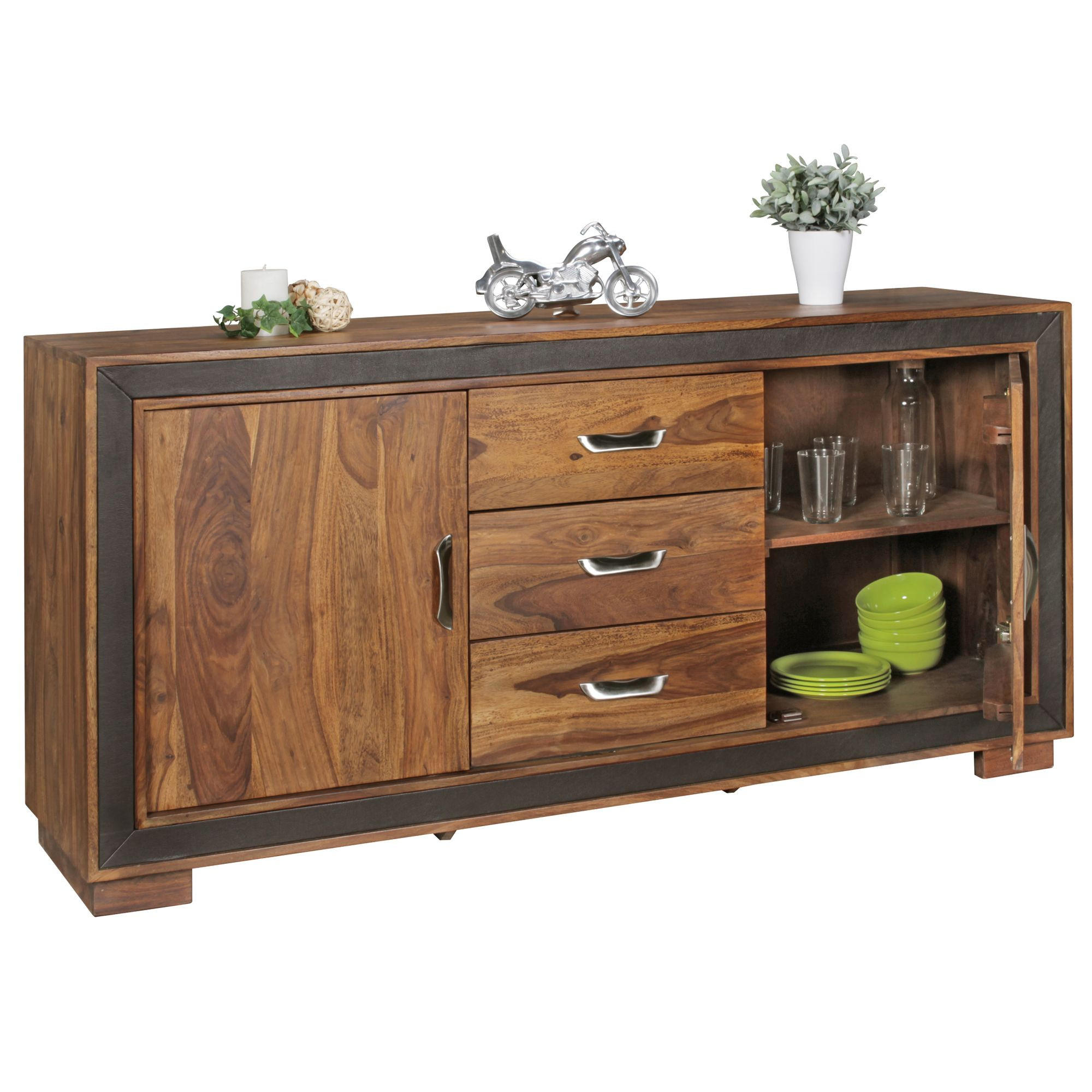 SIDEBOARD – Massivholz, Kunstleder, 160x44x80 cm, rustikal - Braun, Holz (160/80/44cm) - KADIMA DESIGN