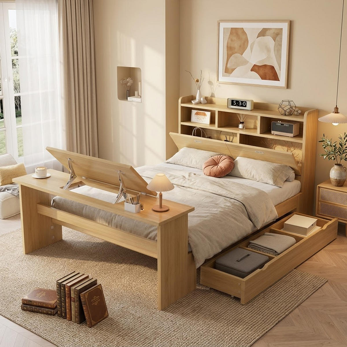 JUGENDBETT 140/200 cm in Naturfarben mit Stauraum, Kopfteilregal und Klapptisch aus Holz - Naturfarben, Holzwerkstoff - STILVORA