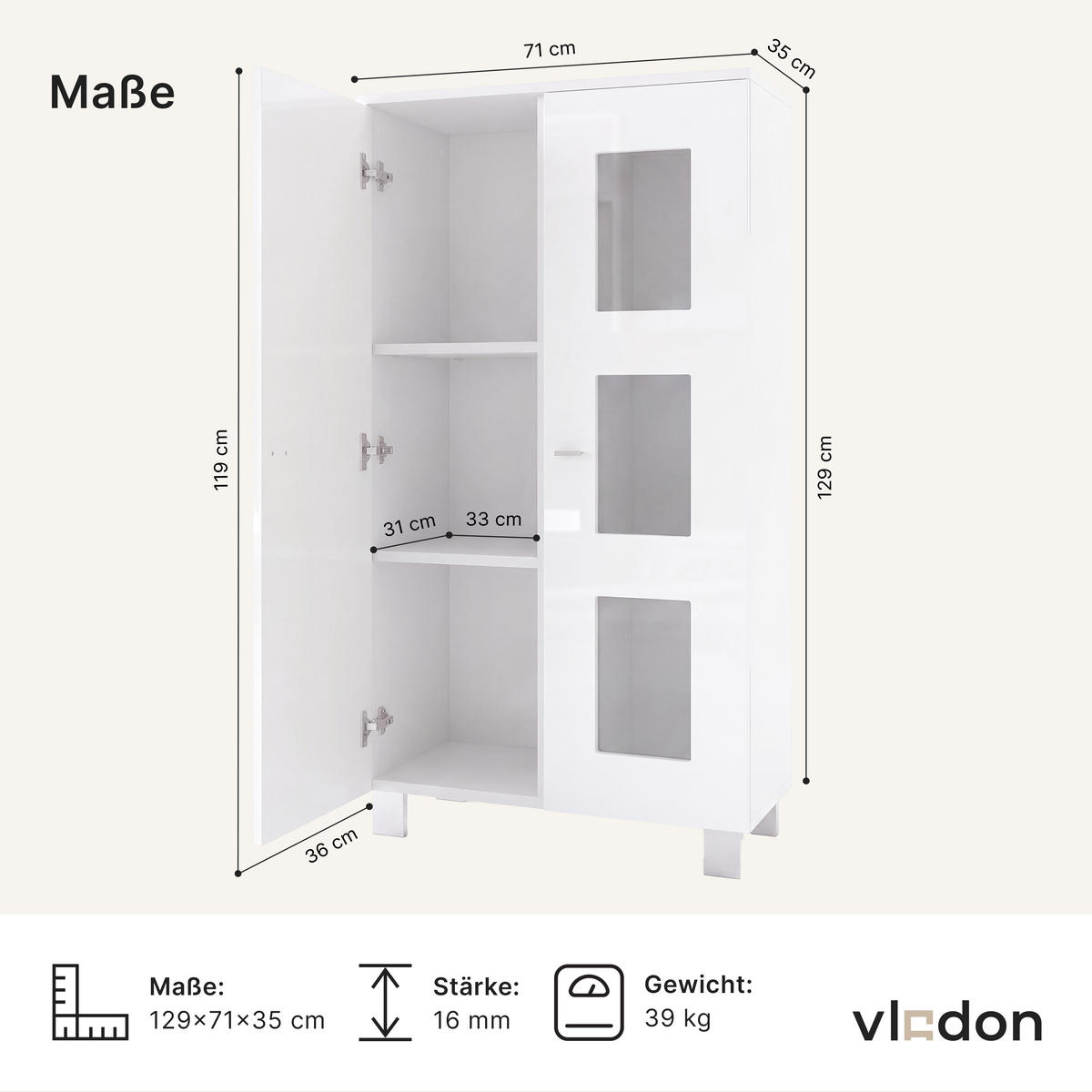 VITRINE Denjo Tür in Bordeaux Hochglanz - Bordeaux, Holzwerkstoff (71/129/35cm) - Vladon