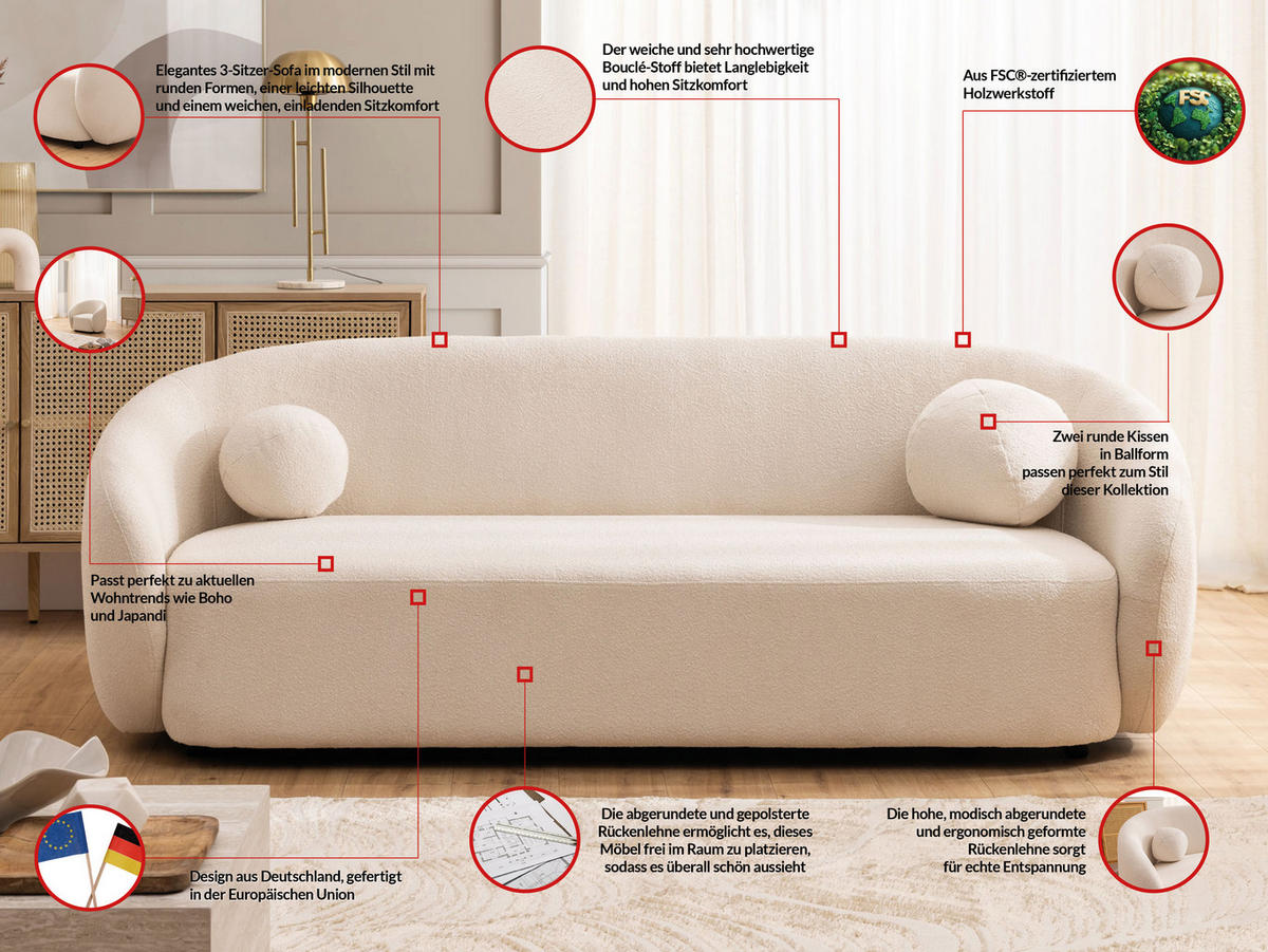 SITZGARNITUR 3+2+1 Roundi Cremeweiß Bouclé - Creme/Schwarz, Holz/Kunststoff (208/76/80cm) - S-Style Möbel