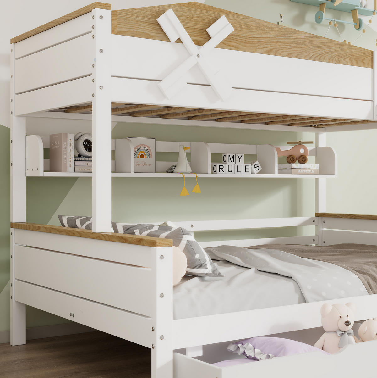 ETAGENBETT 90/200 cm mit Windmühle Weiß+Natur aus Kiefer und MDF mit Regalen und Schubladen - Weiß, Holzwerkstoff (90/200cm) - OKWISH