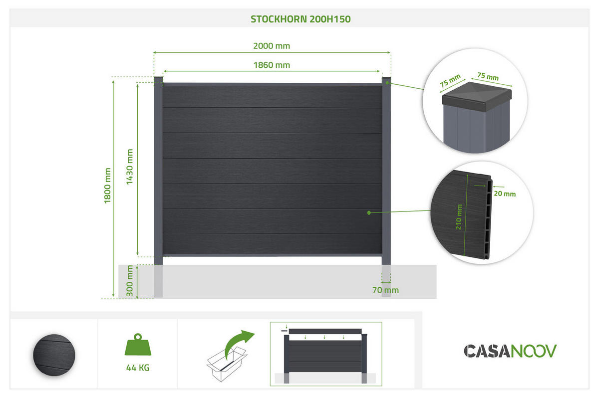 VERBUNDZAUN 2 m STOCKHORN H. 150 cm zum Einbetonieren, grau - Grau, Holzwerkstoff (200/150cm) - Casanoov
