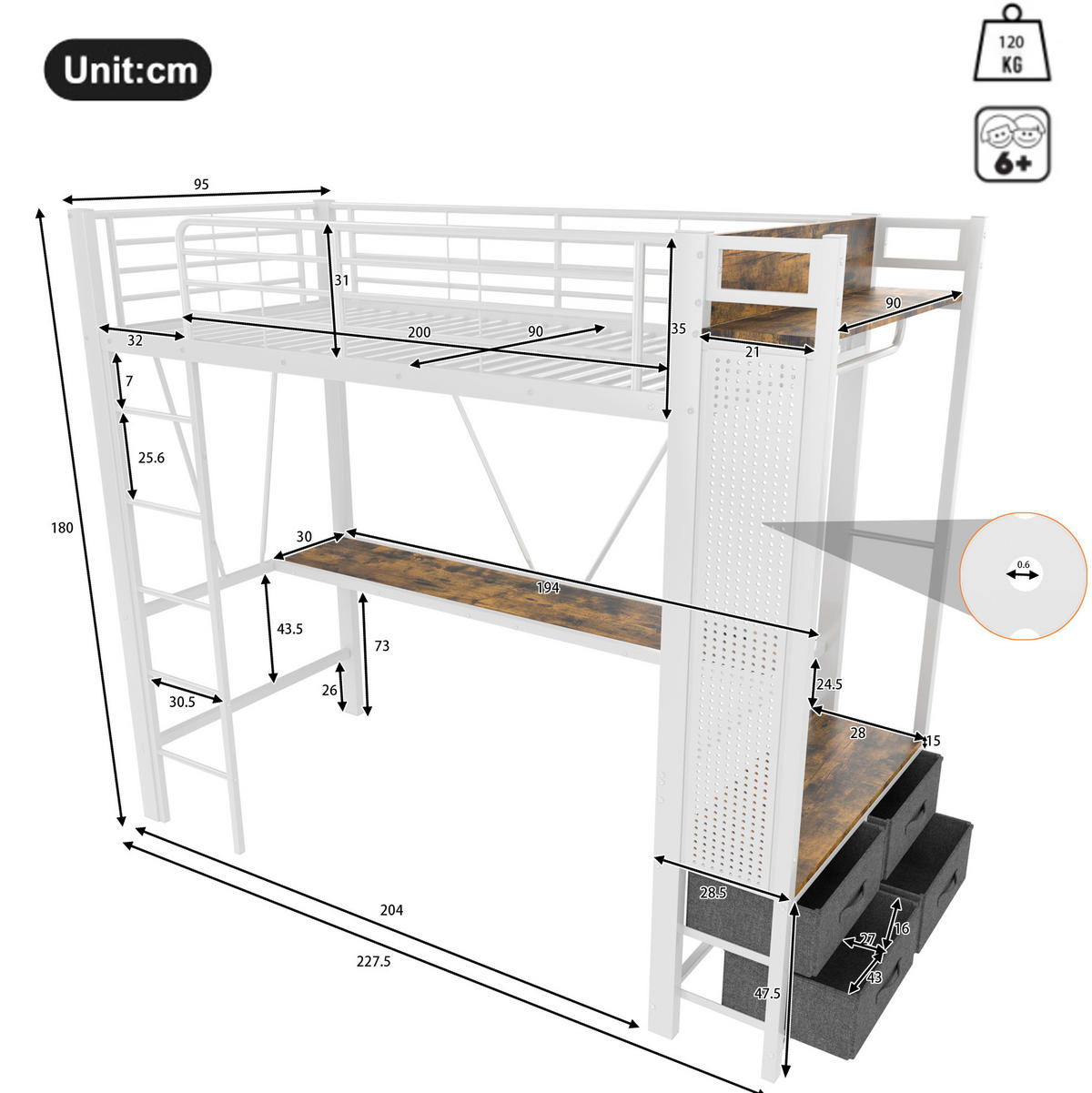 HOCHBETT 90/200 cm aus Metall mit Schreibtisch, LED-Leiste und 4 Schubladen Weiß - Weiß, Metall (90/200cm) - Modenvie