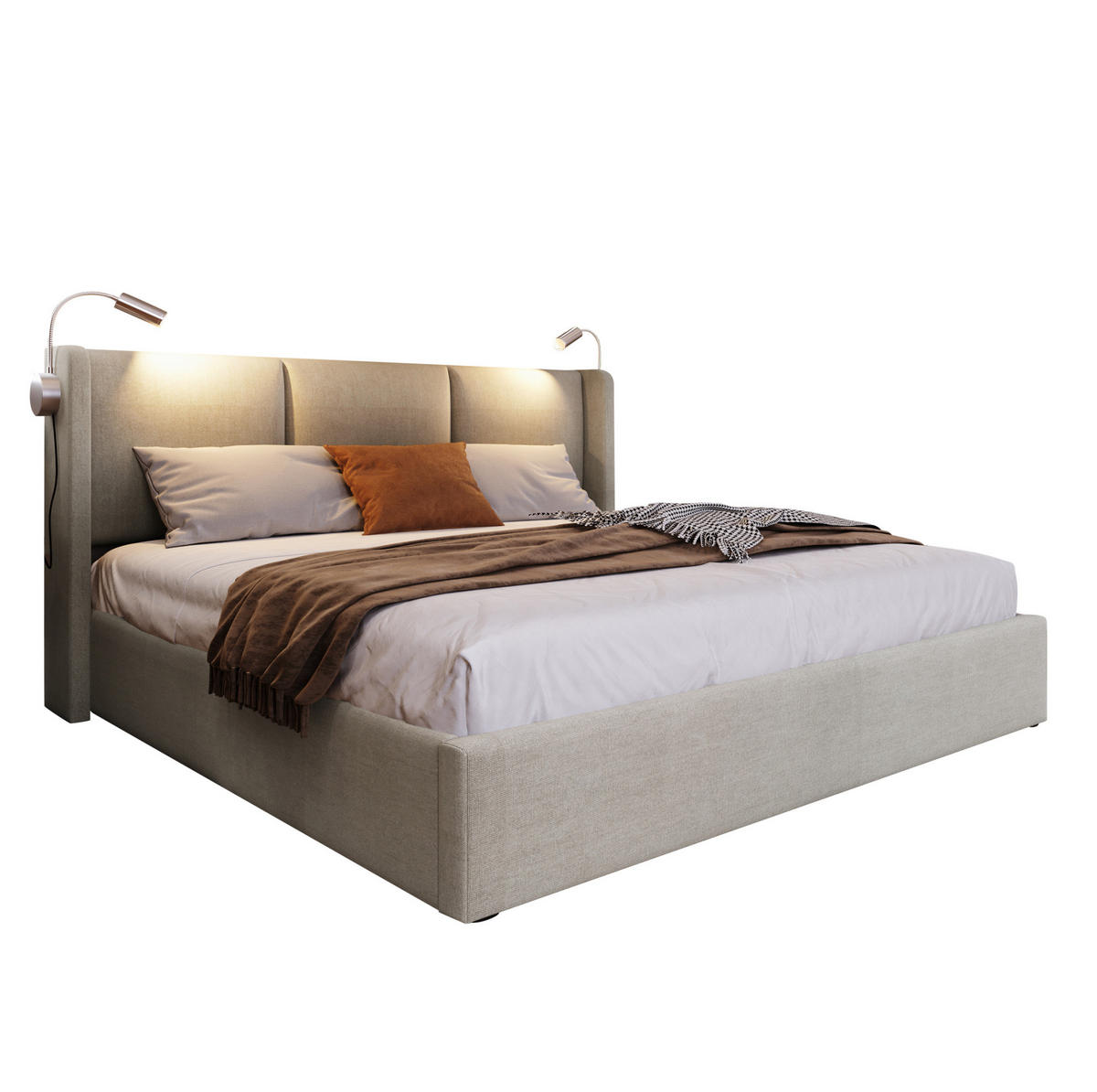 ČALOUNĚNÁ postel 140/200 cm béžová z lnu s úložným prostorem a čtecí lampičkou USB - béžová, textil (140/200cm) - OKWISH