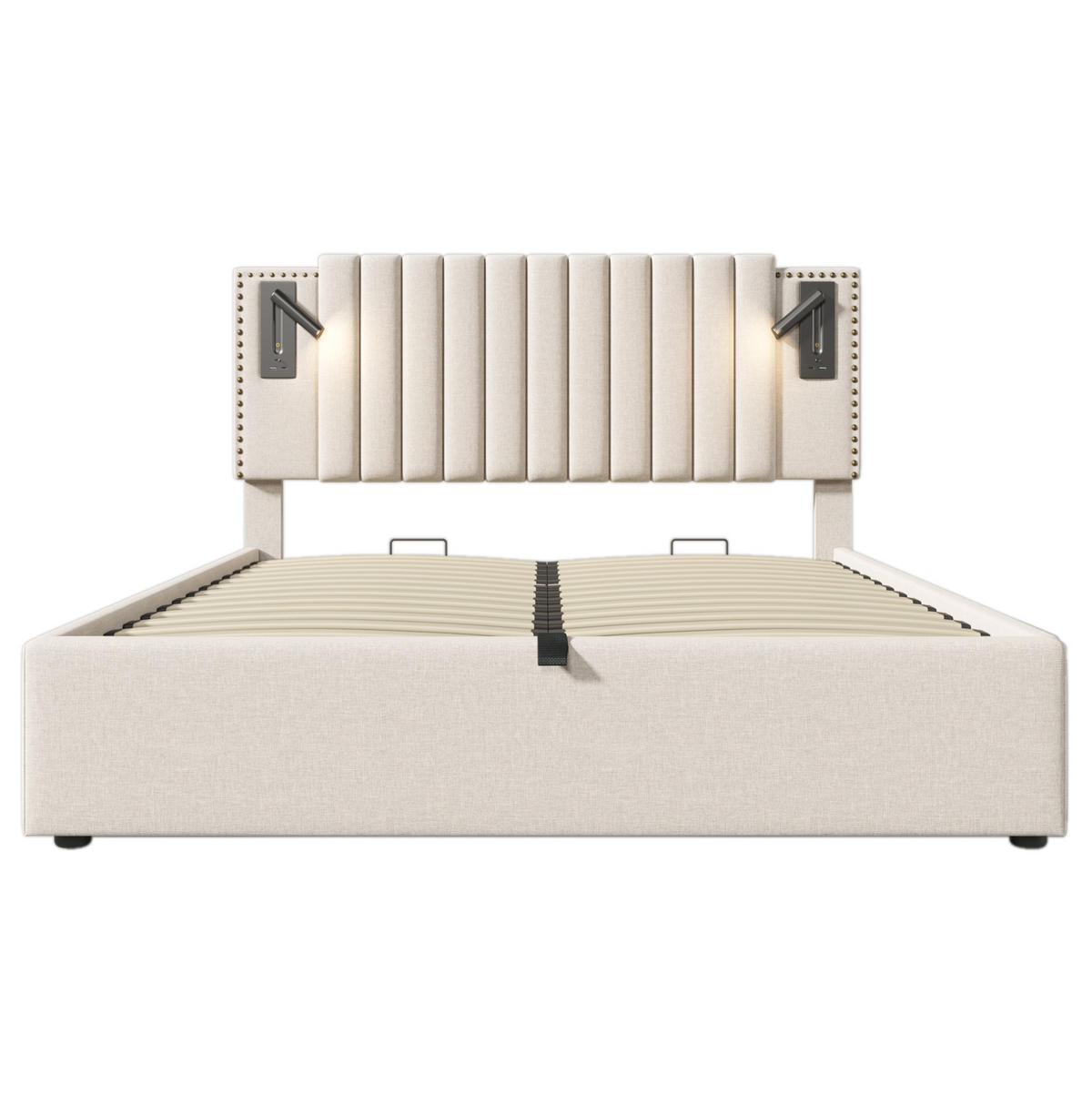 POLSTERBETT 160/200 cm mit Bettkasten, LED-Leselicht, USB-C und Lattenrost - Beige, Textil (160/200cm) - BEAOK