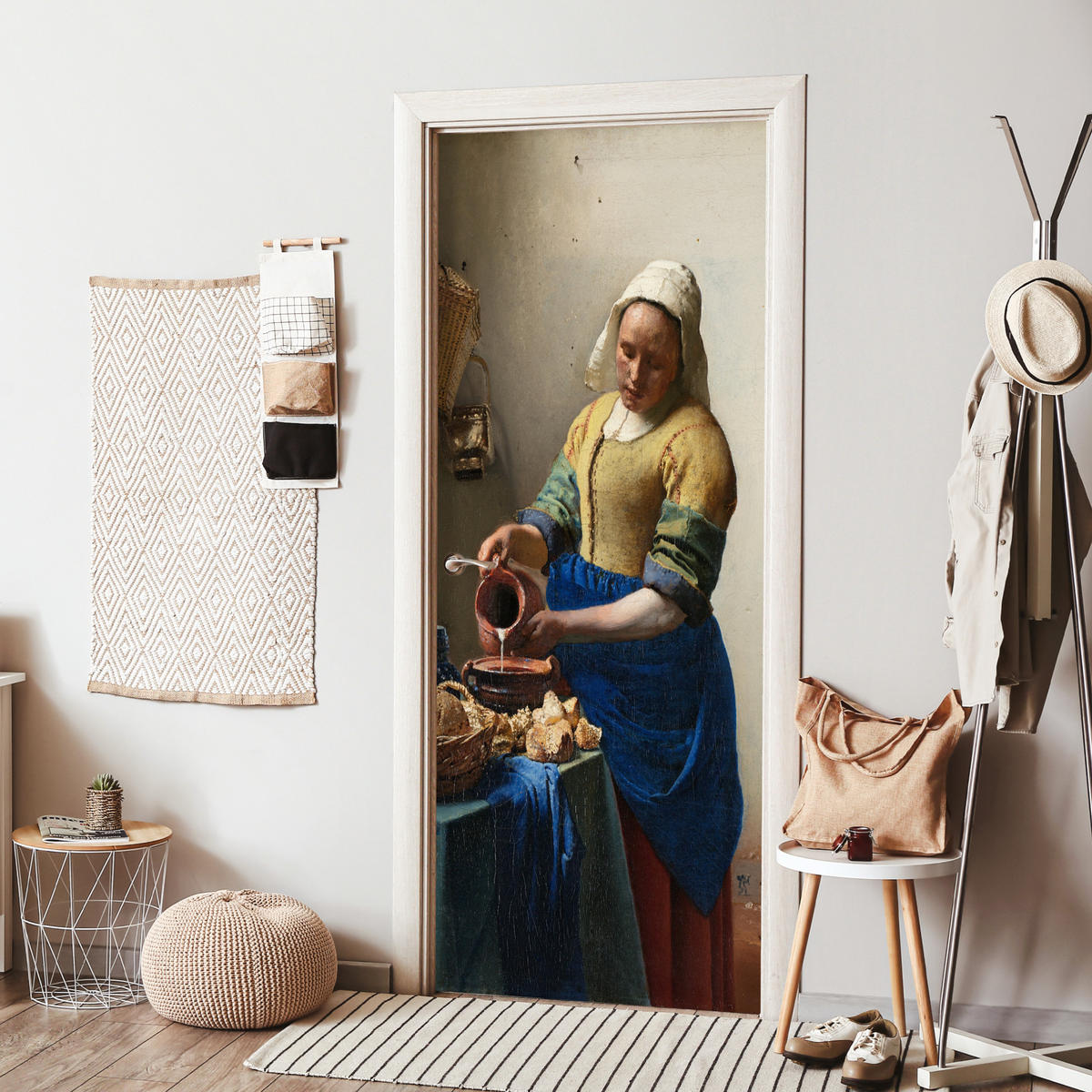 NÁLEPKA NA DVERE Dojička - Johannes Vermeer 80x215 cm - tmavomodrá, plast (80/0.1cm) - MuchoWow