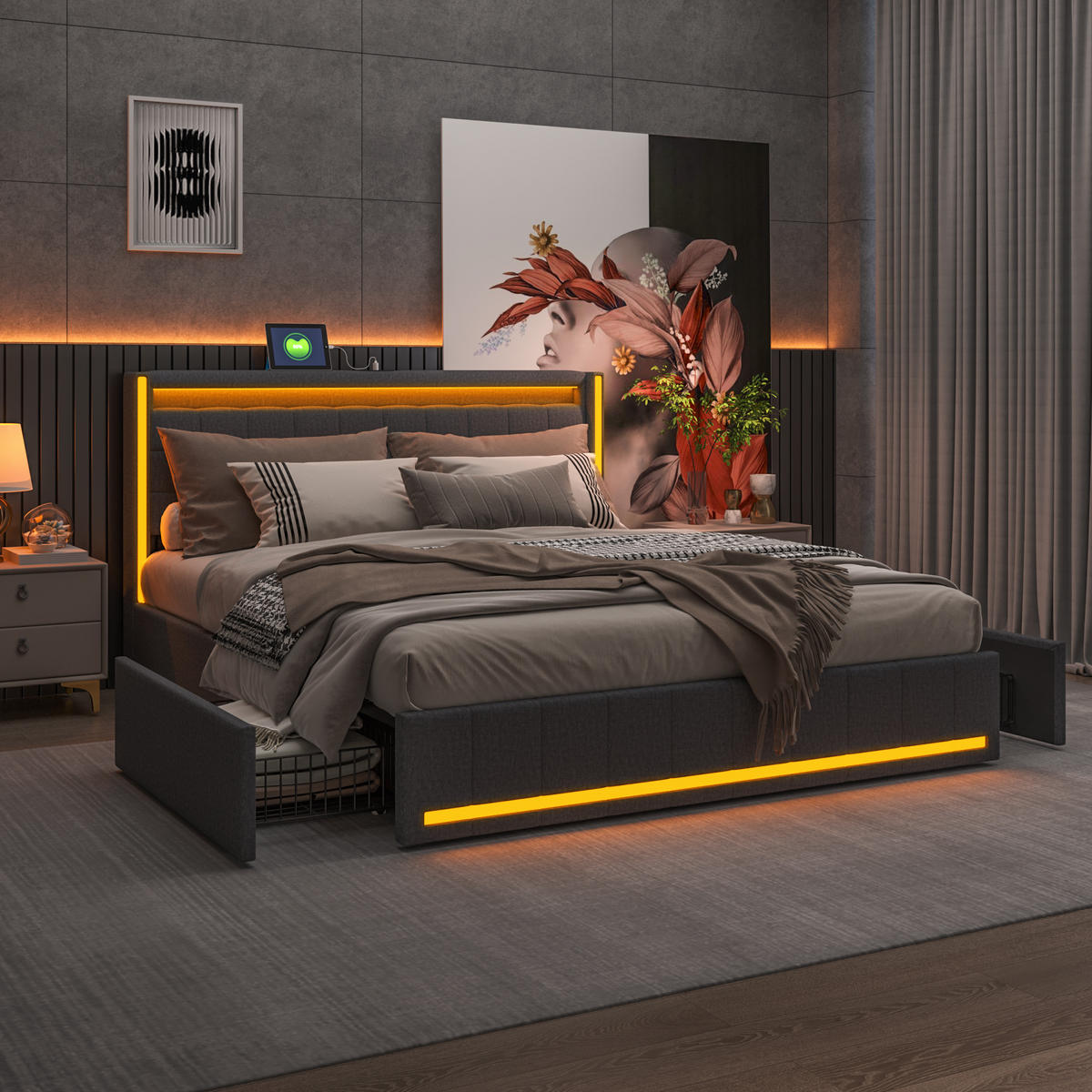 DOPPELBETT 140x200cm grau leinen led schubladen usb typ-c - Dunkelgrau, Metall - SHOPENTRA